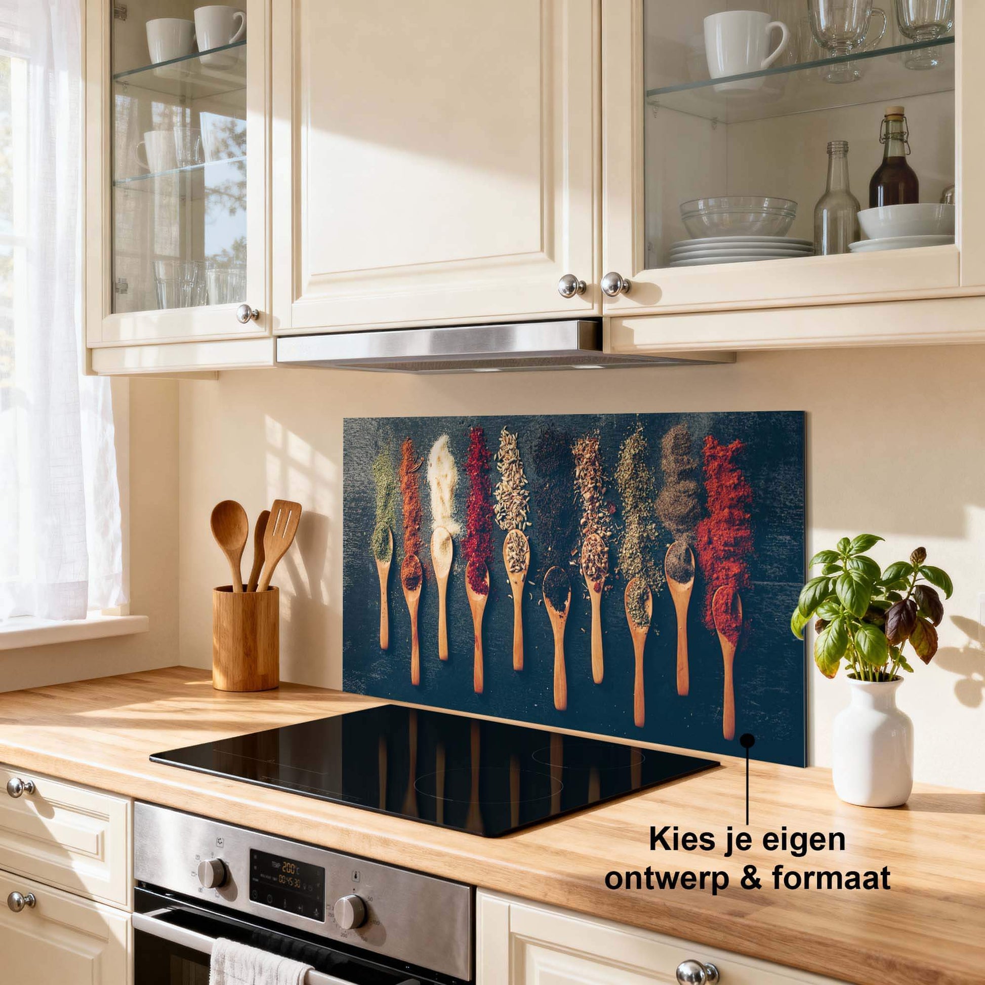 Spice Palette Splash Screen in der Küche mit farbenfrohen Kräutern und Gewürzen auf Holzlöffeln als Splashwall-Design.