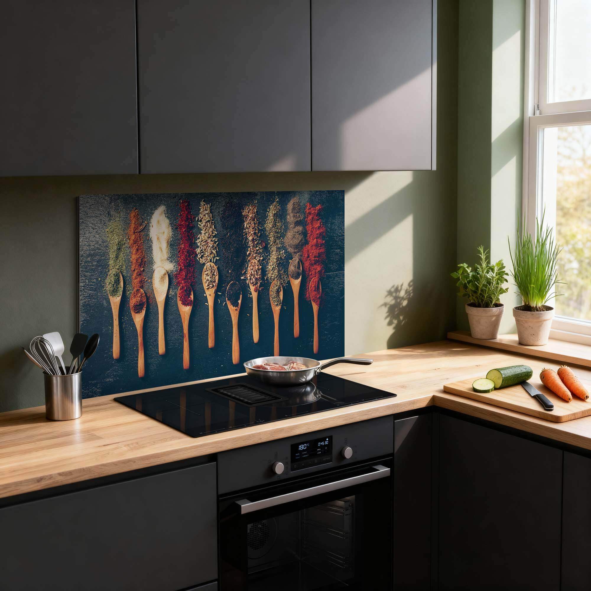 Spice Palette Spatscherm in moderne keuken met houten lepels gevuld met kruiden, kleurrijke keuken spatscherm en spatwand design.