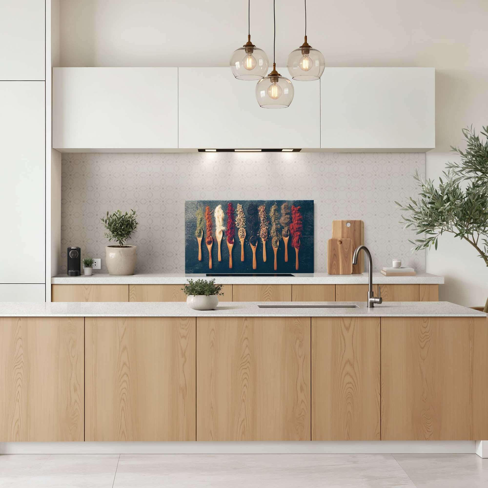 Spice Palette Splash Screen in moderner Küche, Holzlöffel mit Kräutern und Gewürzen als dekorative Spritzwand, Küchenspritzwand.