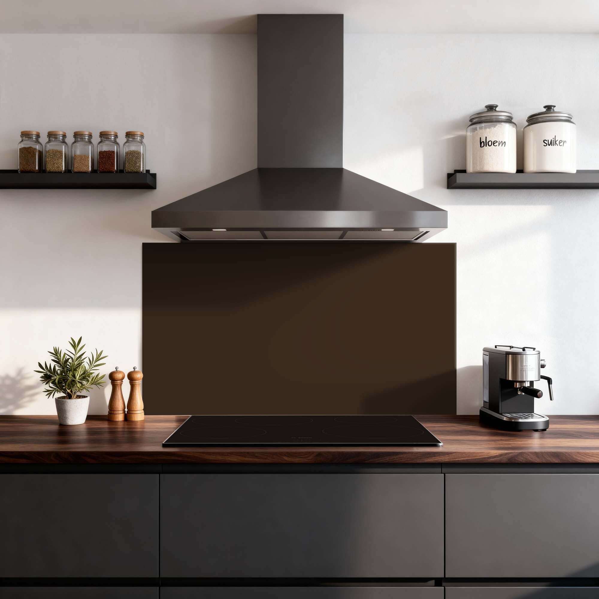 Lucida Splashback in der Küche, eleganter dunkelbrauner Spritzschutz zum Schutz der Wände, idealer Spritzschutz für einen warmen und luxuriösen Look.