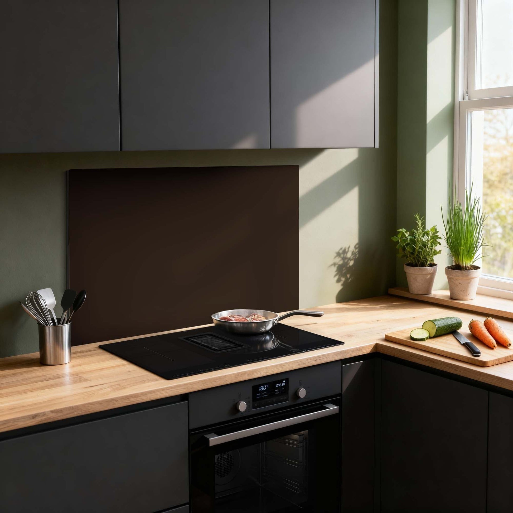 Lucida Spritzschutz in dunkelbraunem Farbton für eine luxuriöse Küche. Massive Spritzwand schützt die Wand. Idealer Küchenspritzschutz für stilvolle Räume.