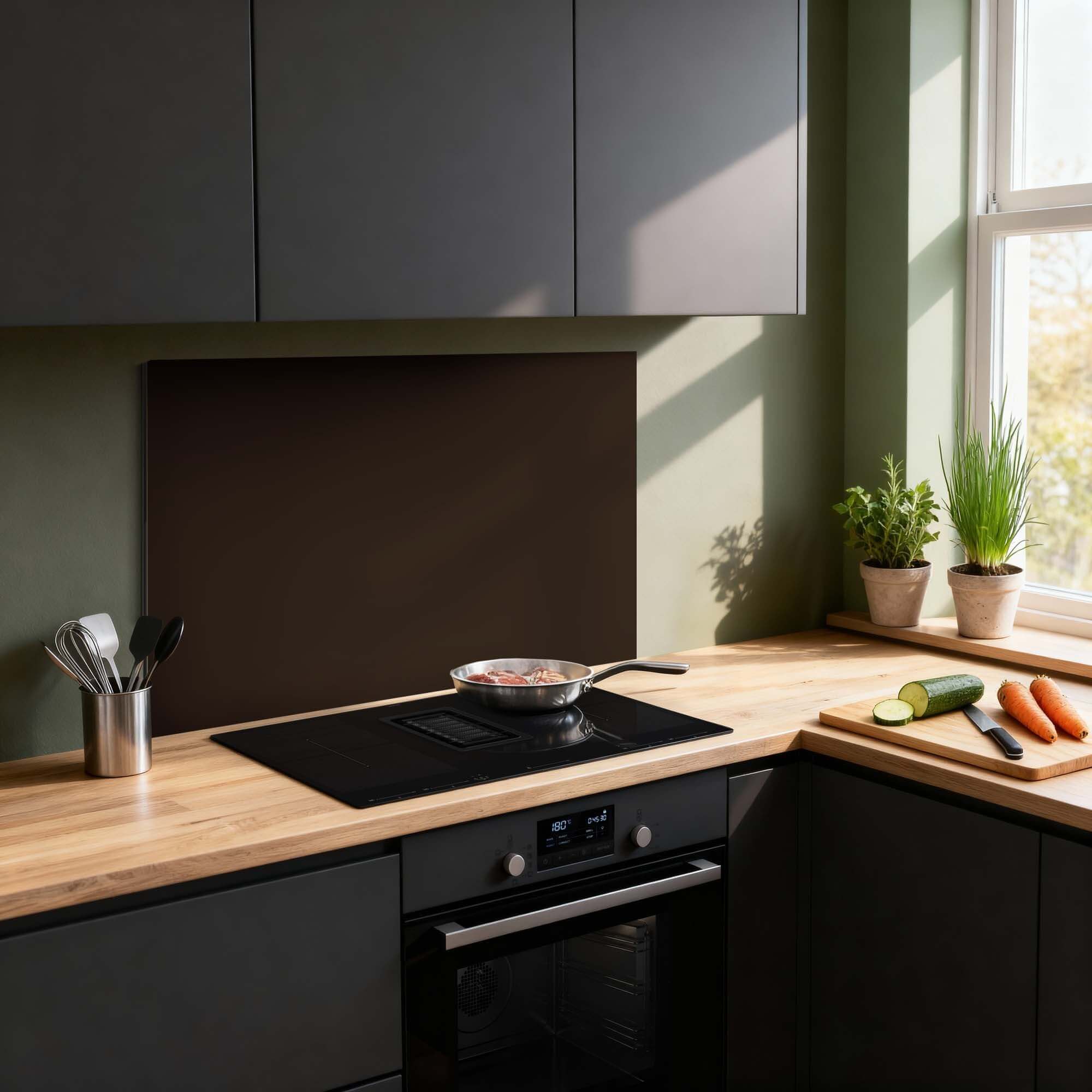 Lucida Spritzschutz in dunkelbraunem Farbton für eine luxuriöse Küche. Massive Spritzwand schützt die Wand. Idealer Küchenspritzschutz für stilvolle Räume.