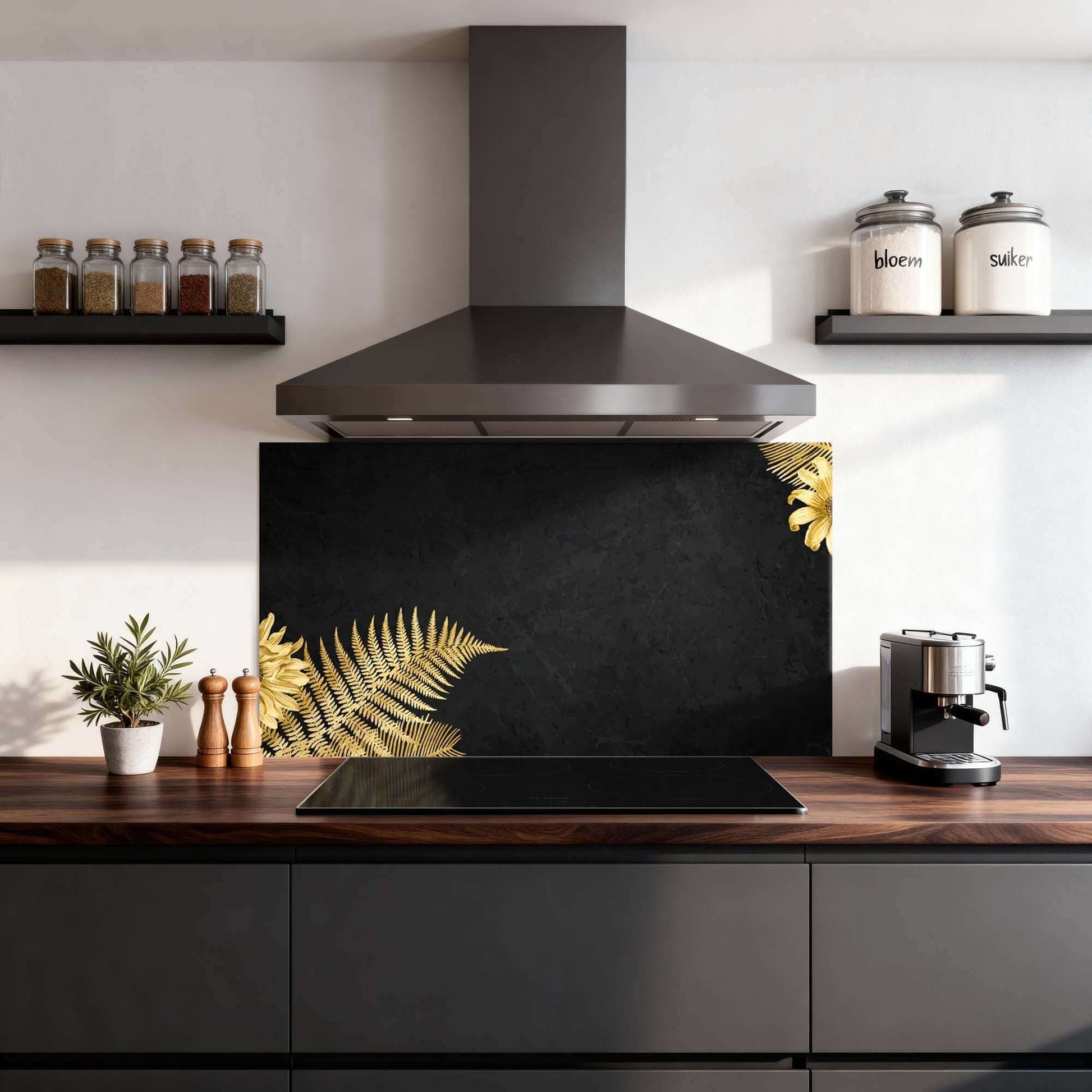 Goldener Farn Touch Spritzschutz in moderner Küche mit goldenen Farnen auf dunklem Spritzschutz, Küchenspritzschutz für einen luxuriösen Look