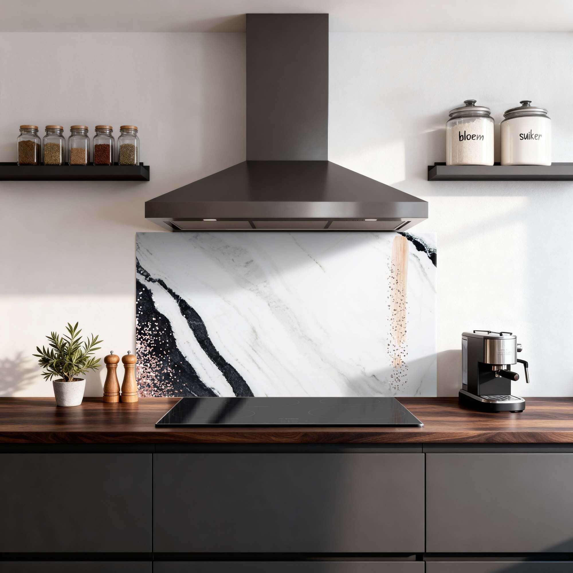 Marble Blush Spritzschutz mit Marmorstruktur und Blush-Farbton in moderner Küche, ideal als Spritzschutz oder Küchenspritzschutz.