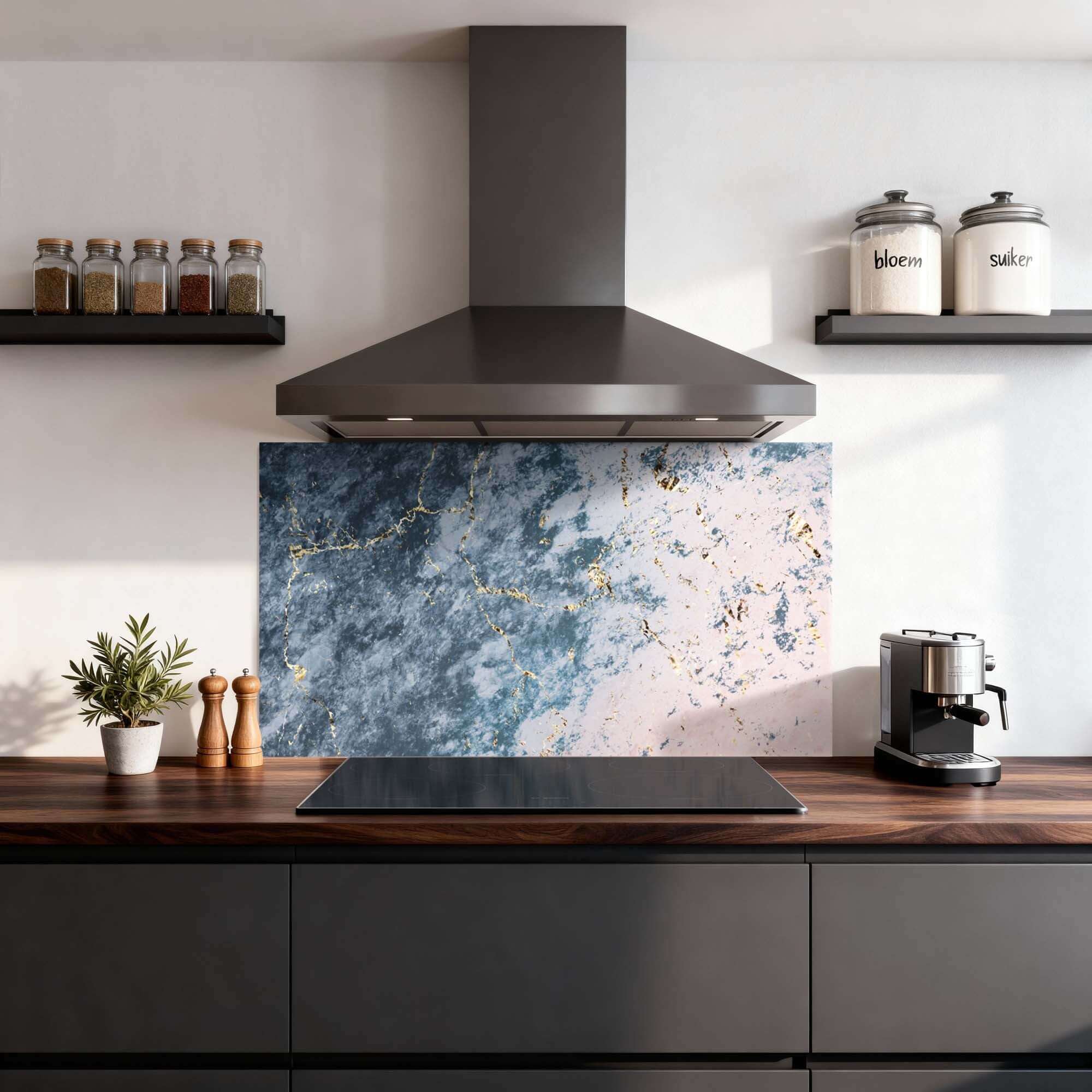 Eleganter Ocean Marble Splash Screen in einer modernen Küche mit blauen und rosafarbenen Tönen, luxuriöser Küchenspritzschutz für moderne Spritzwanddekoration.