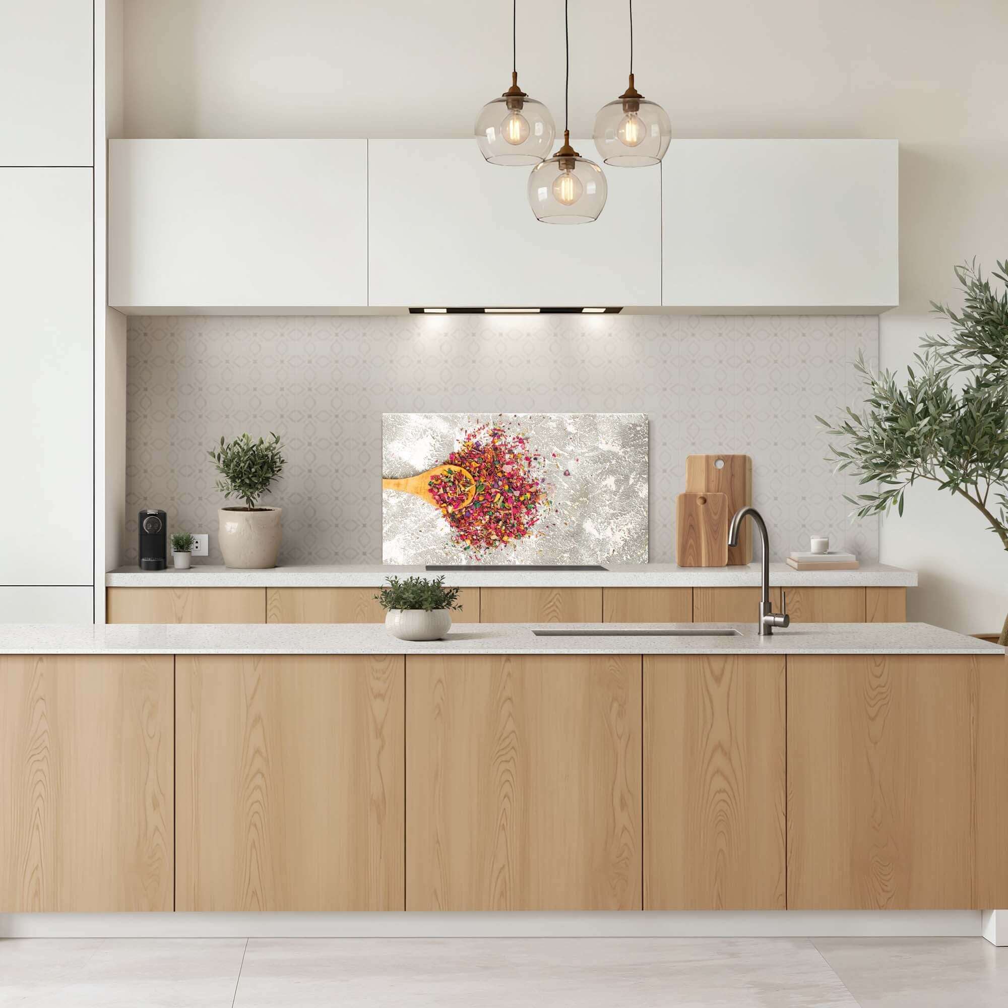 Spice Delight Spritzschutz in der modernen Küche, farbenfroher Spritzschutz mit Gewürzmotiv, ideal als Spritzschutz in der Küche für einen einzigartigen Look.