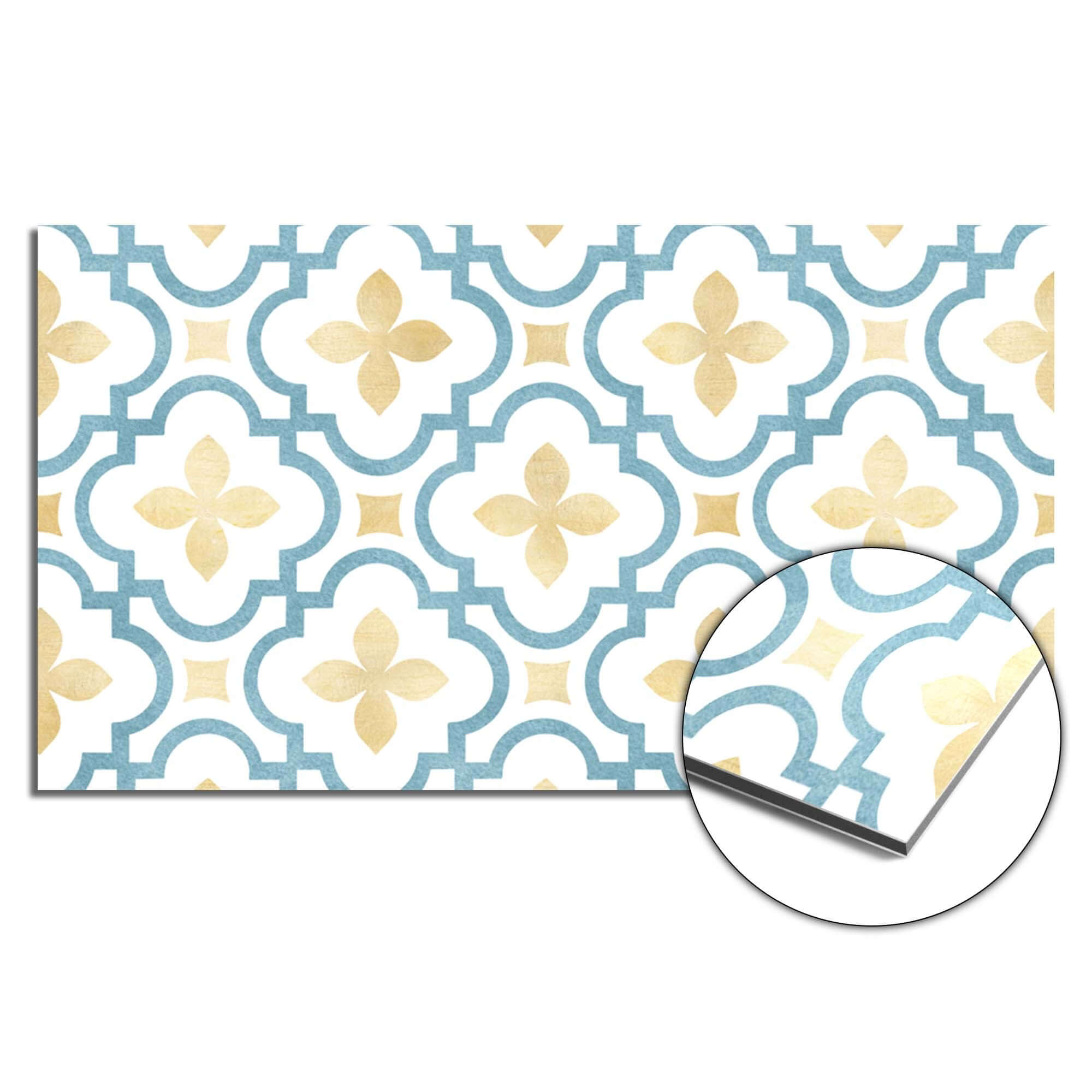 Azure Blossom Spritzwand mit azurblauem und goldenem Muster, ideal als Küchenspritzwand oder Spritzwand.