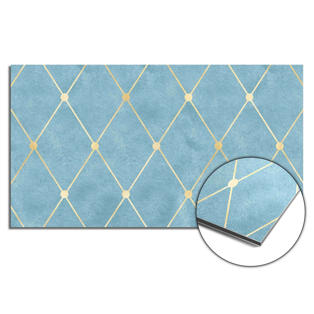 Azure Line Grid Splashback mit goldenem Rautenmuster, moderner Spritzschutz für die Küche.