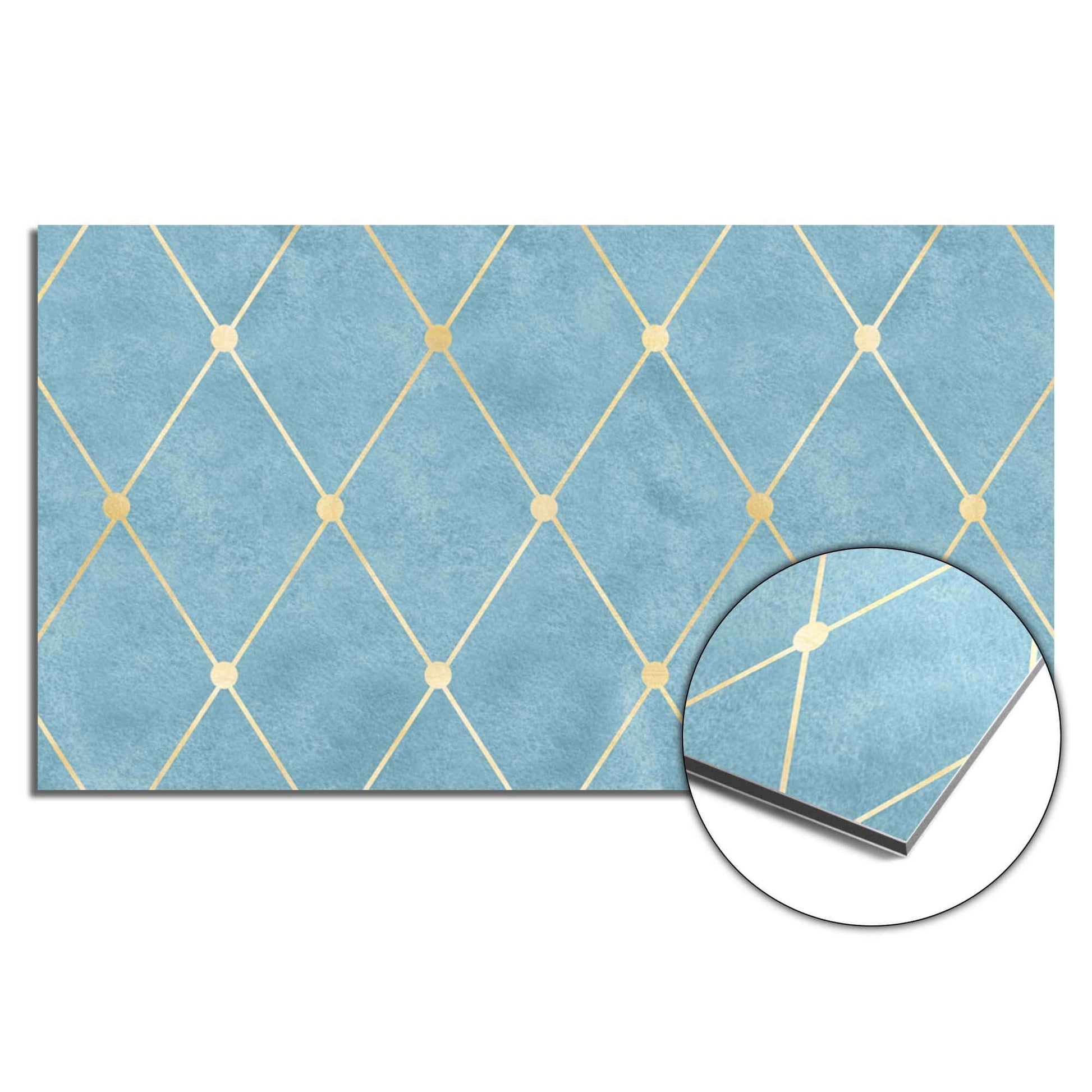 Azure Line Grid Splashback mit goldenem Rautenmuster, moderner Spritzschutz für die Küche.