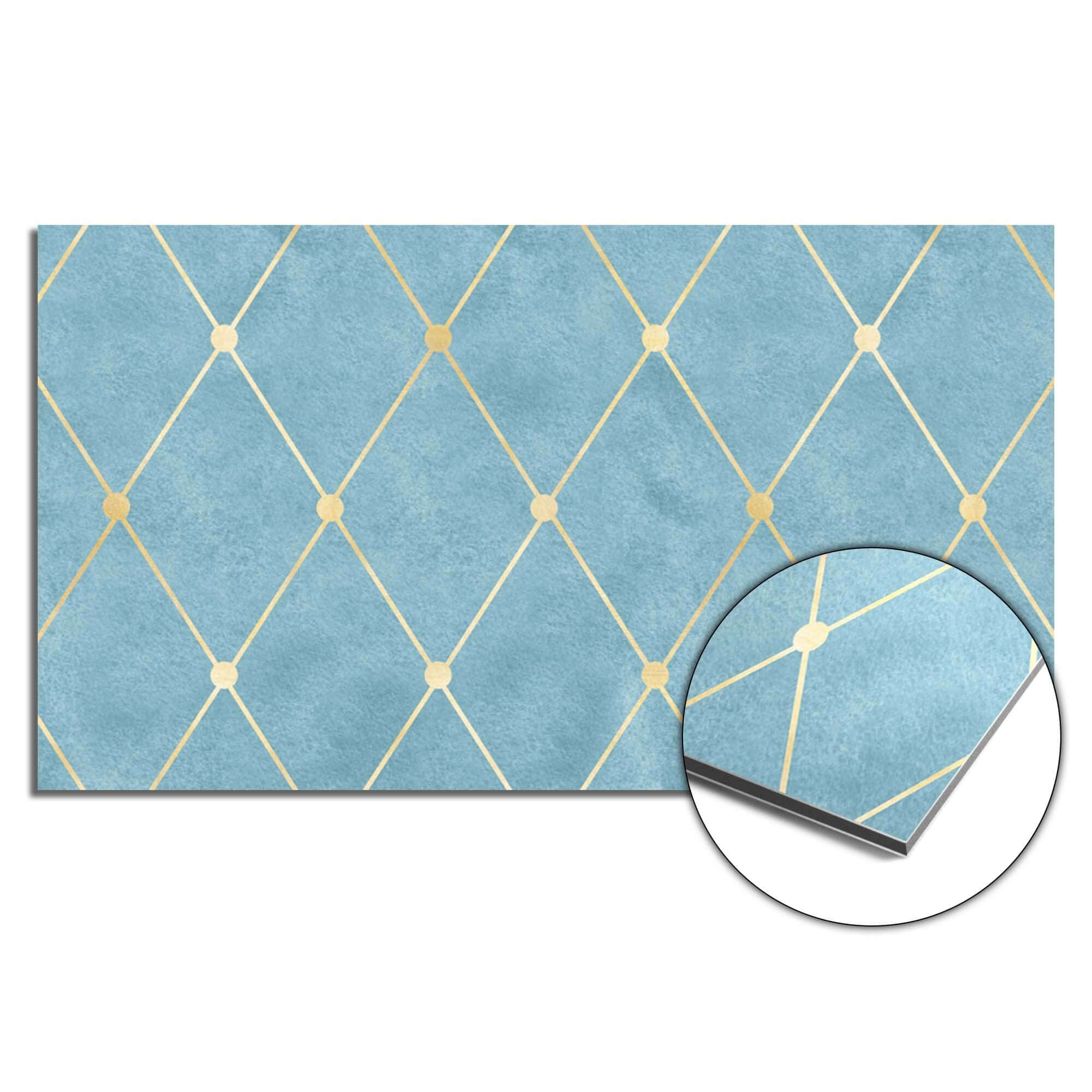 Azure Line Grid Splashback mit goldenem Rautenmuster, moderner Spritzschutz für die Küche.