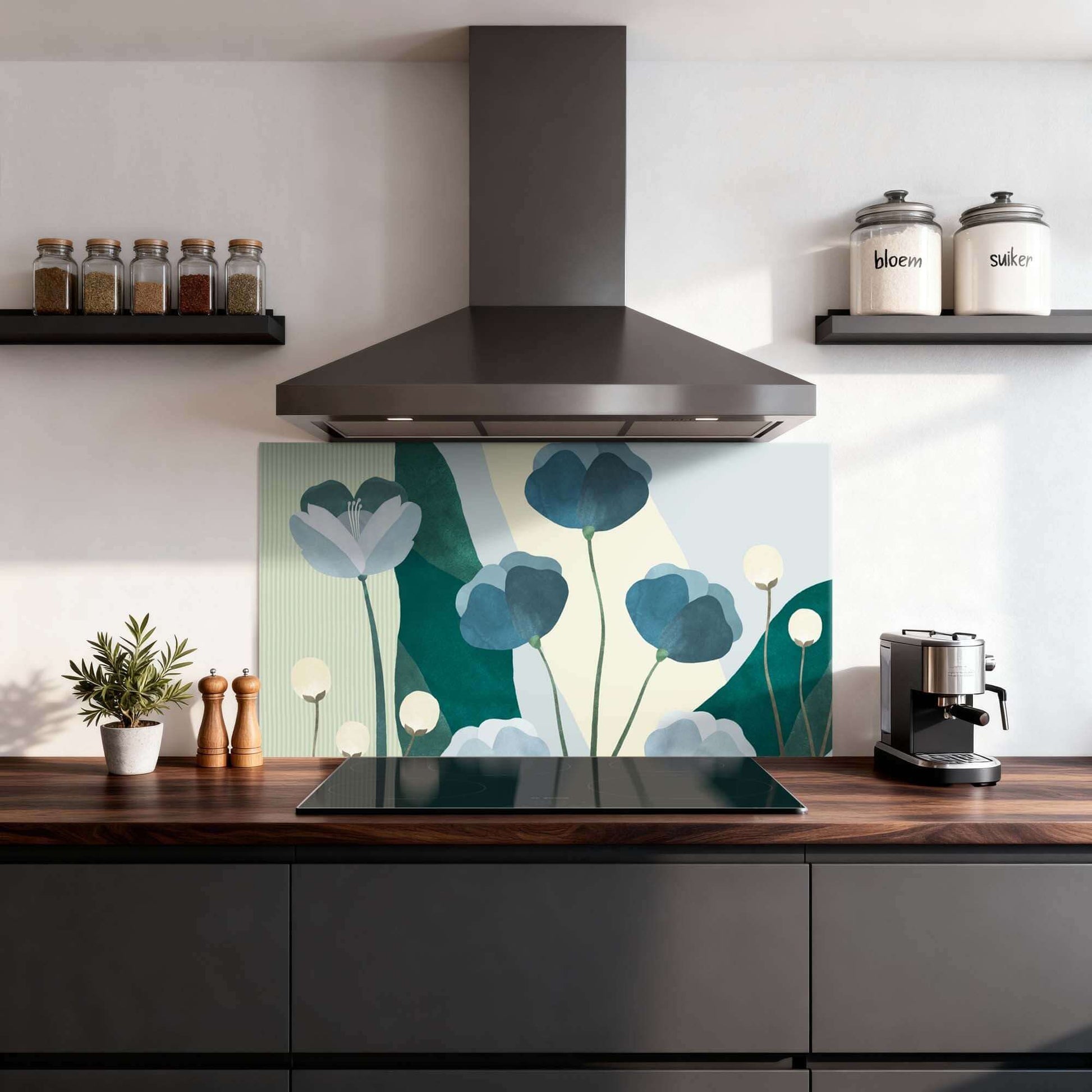 Blue Whispers Splash Screen mit botanischem Design und Herdabdeckplatte in der modernen Küche, verleiht Ruhe und Stil.