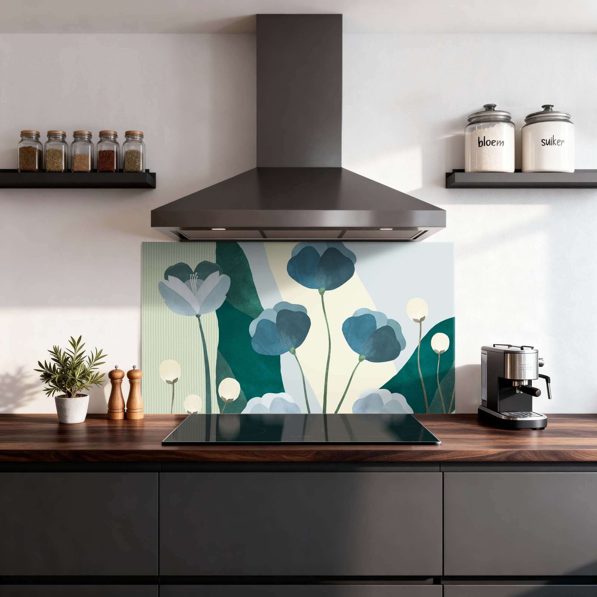 Blue Whispers Splash Screen mit botanischem Design und Herdabdeckplatte in der modernen Küche, verleiht Ruhe und Stil.