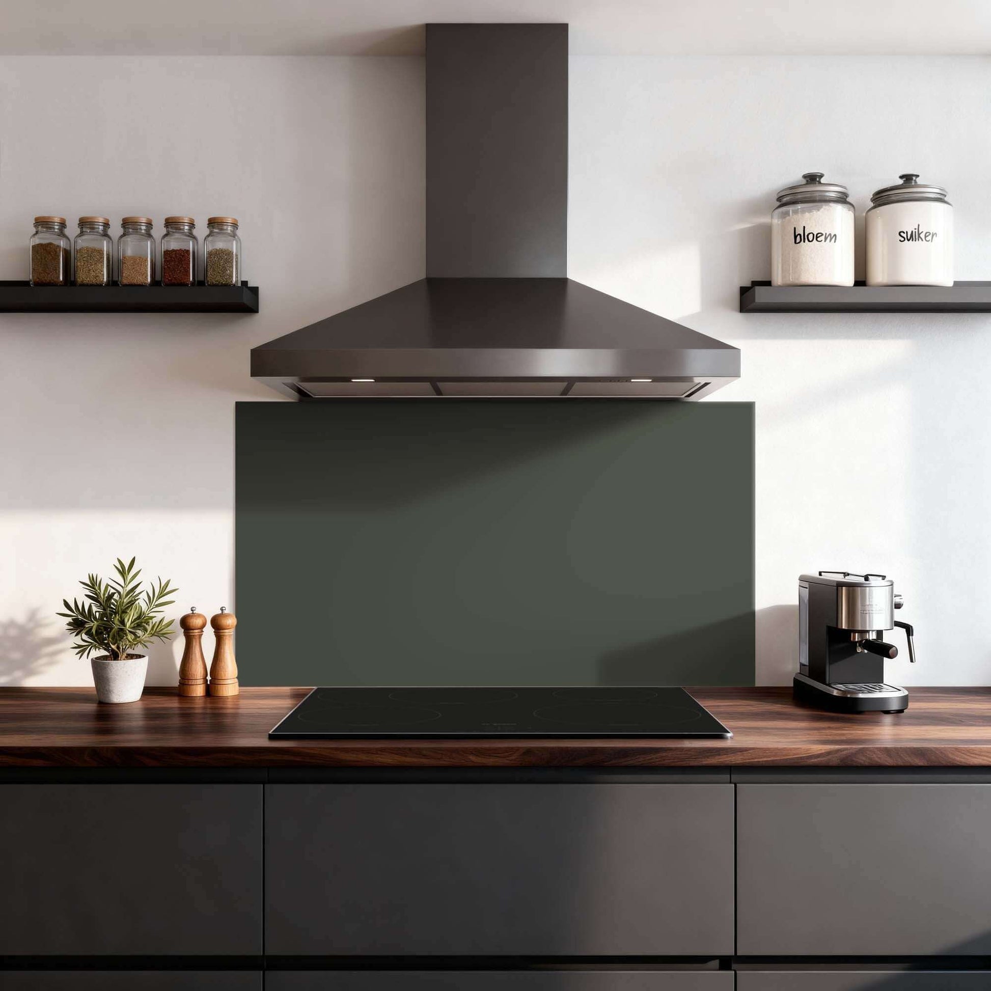 Climbing Ivy Spritzschutz in einer modernen Küche, ein eleganter grüner Spritzschutz, der perfekt zu Holz- und Schwarztönen passt.