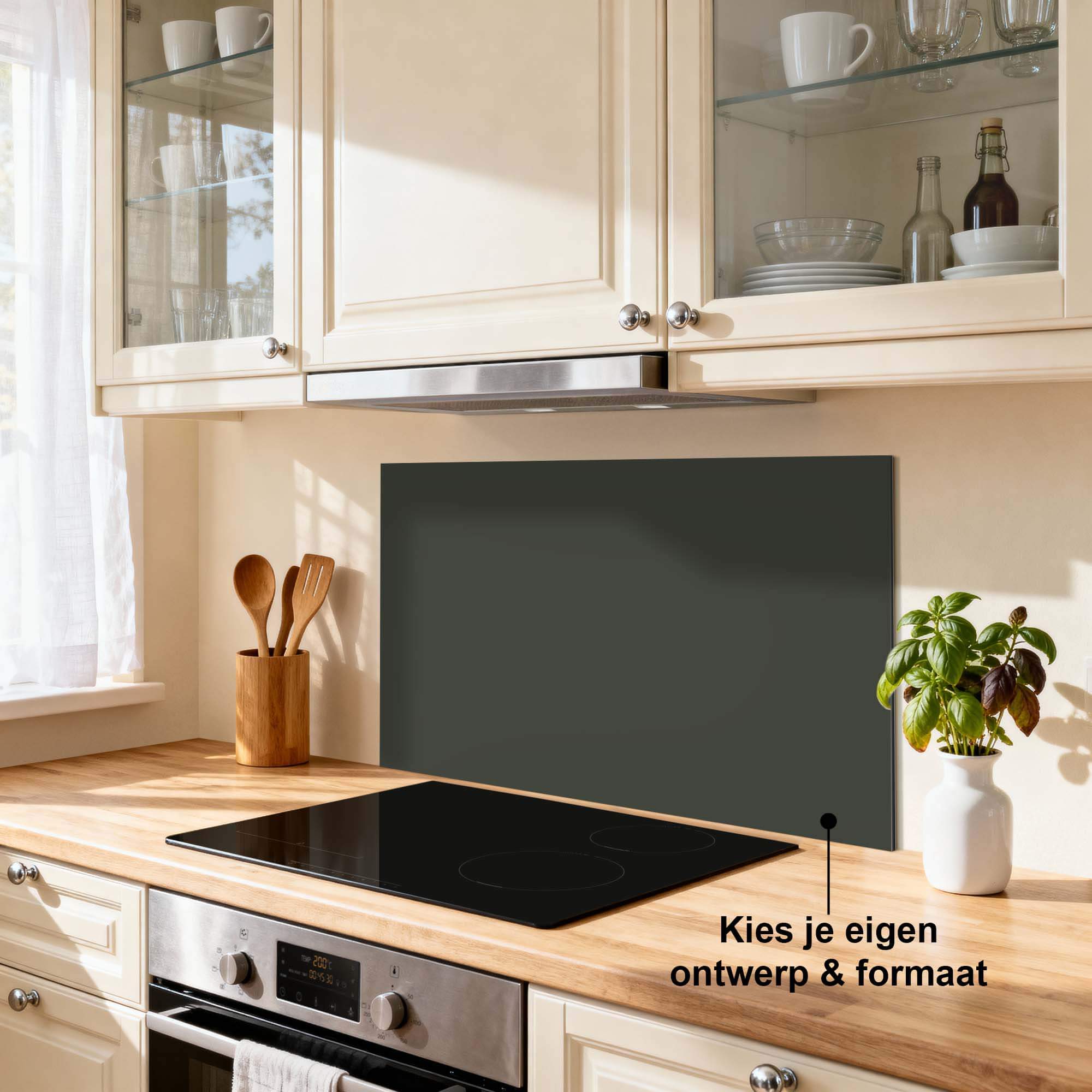 Climbing Ivy Spritzschutz in einer modernen Küche. Der grüne Spritzschutz schützt die Wand und harmoniert mit Holz, Schwarz und erdigen Farben.