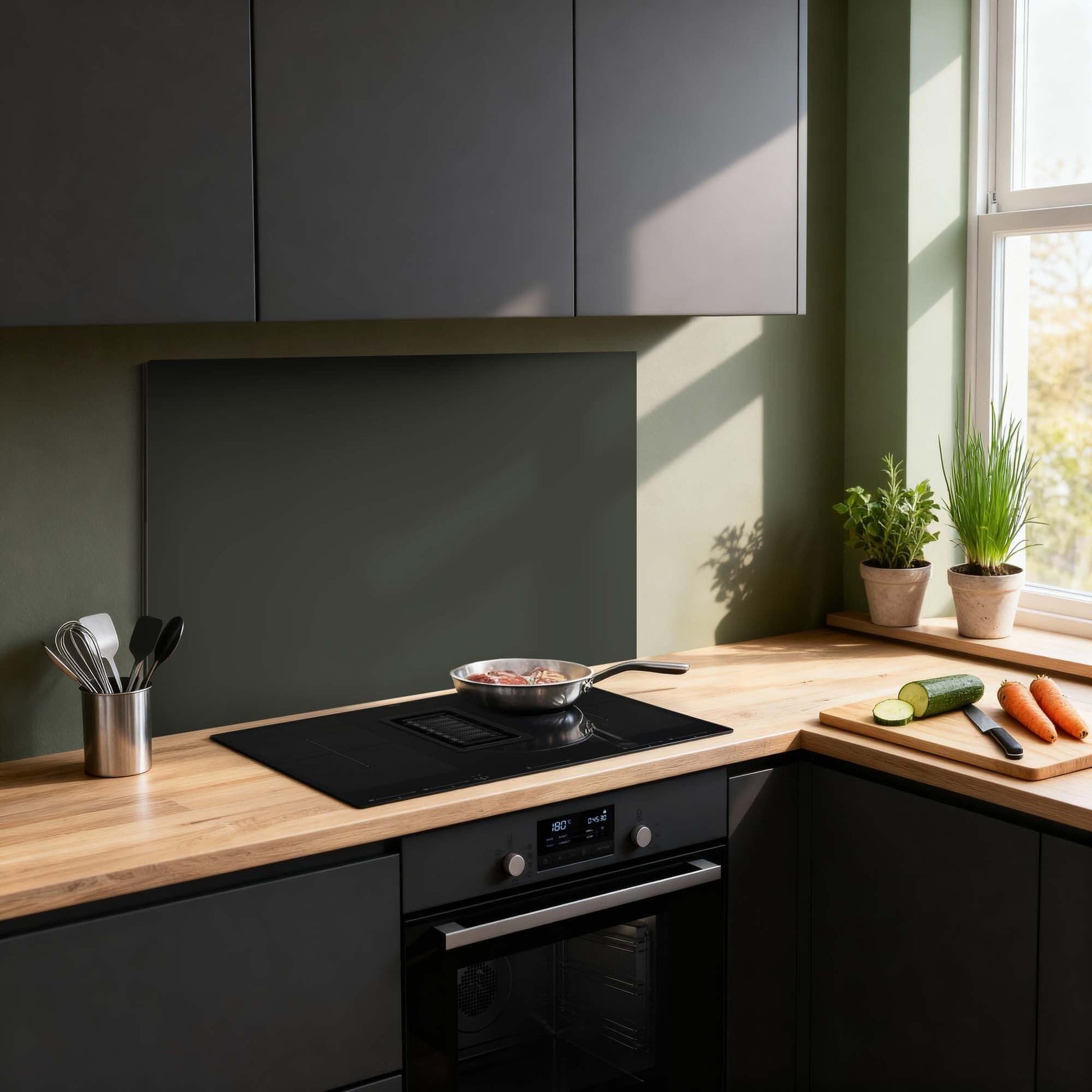 Kletternder Efeu Spritzschutz in moderner Küche, tiefgrüne Farbe, passend zu Holz und Schwarz. Ideal als Spritzschutz in der Küche oder als Spritzwand.