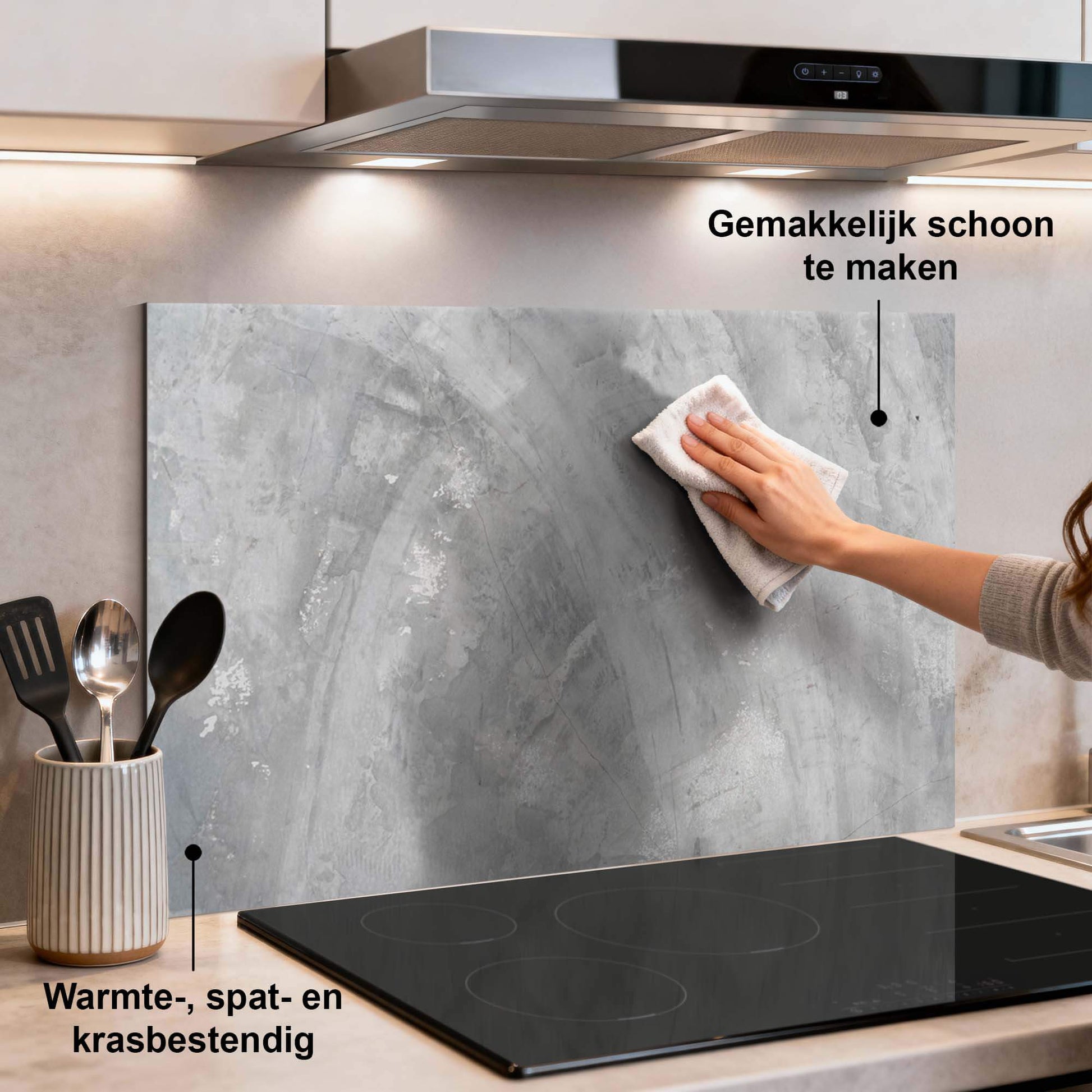Concrete Flow Spritzschutz für die Küche, Spritzschutz aus Aluminium mit Betonoptik, hitze- und kratzfest, ideal für moderne Küchen.