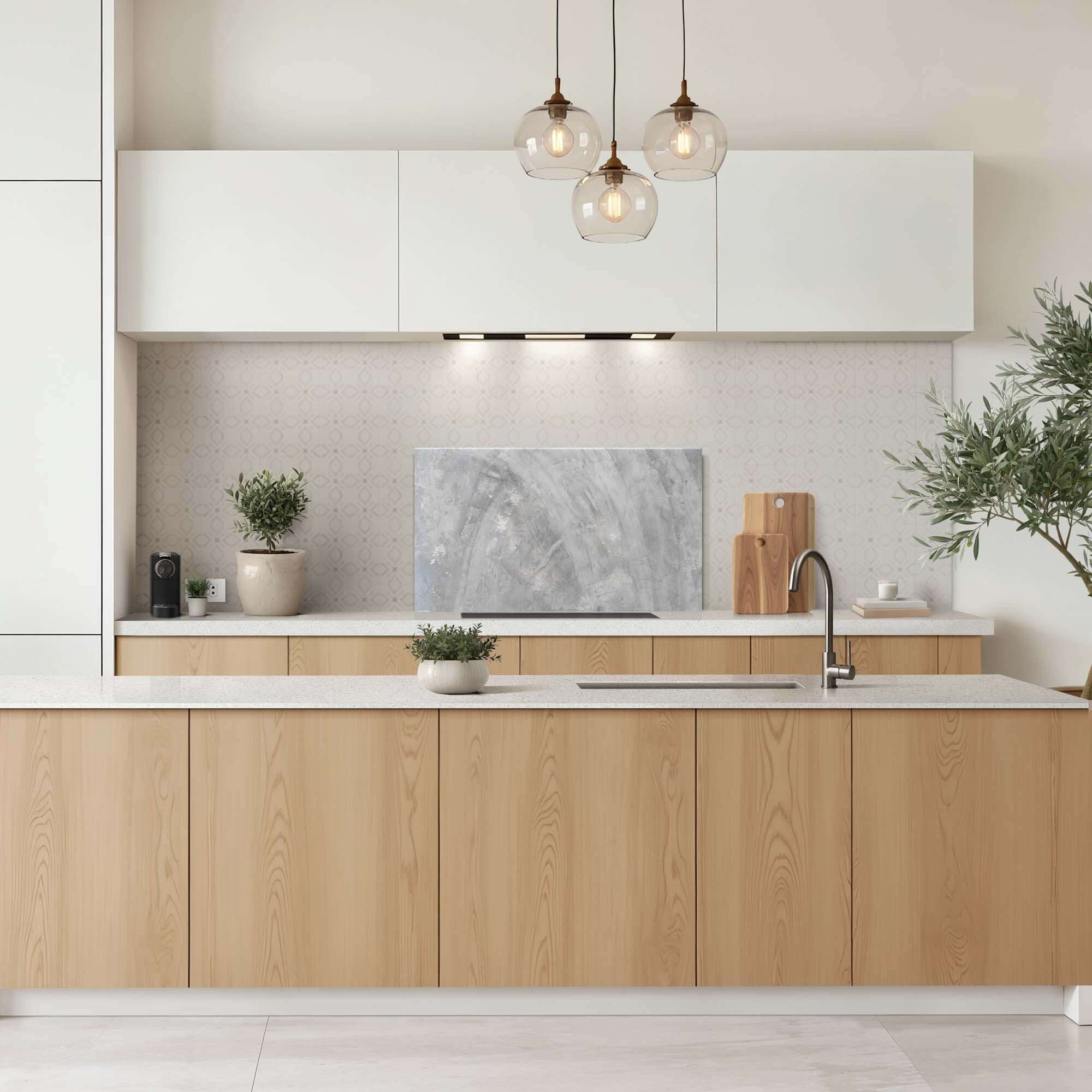 Küche mit Concrete Flow Splash Screen in Betonoptik, hitzebeständig und kratzfest, ideal als Splash Screen und Splash Wall für moderne Interieurs