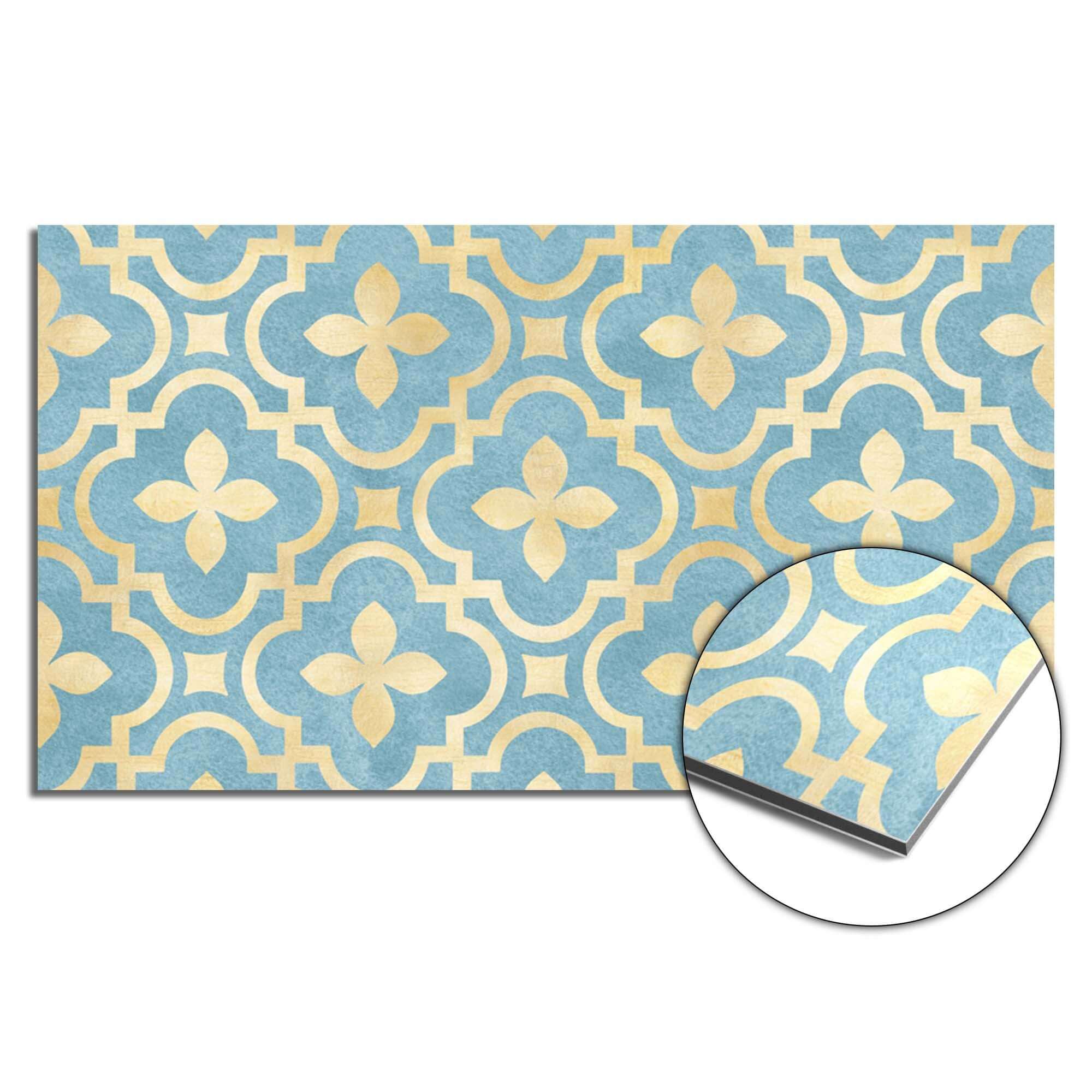 Deep Azure Blossom Splash Screen mit blau-goldenem Kachelmotiv, perfekt als Küchenspritzschutz oder Spritzwand.