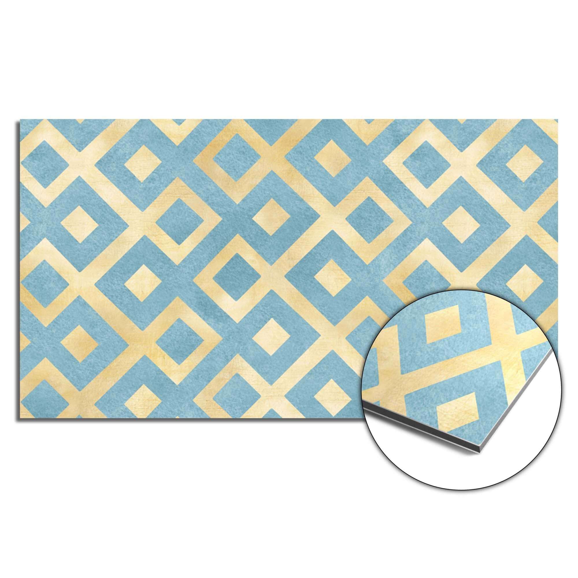 Deep Diamond Grid Splash Screen mit azurblauem und goldenem geometrischem Muster, ideal als Spritzschutz oder Spritzwand für die Küche.