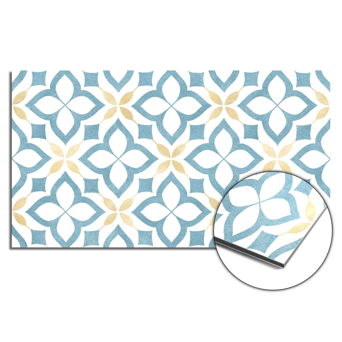 Deep Floral Cross Splashback mit Blumenmuster, eine farbenfrohe Küchenrückwand und Spritzschutz in warmen Gold- und Blautönen.