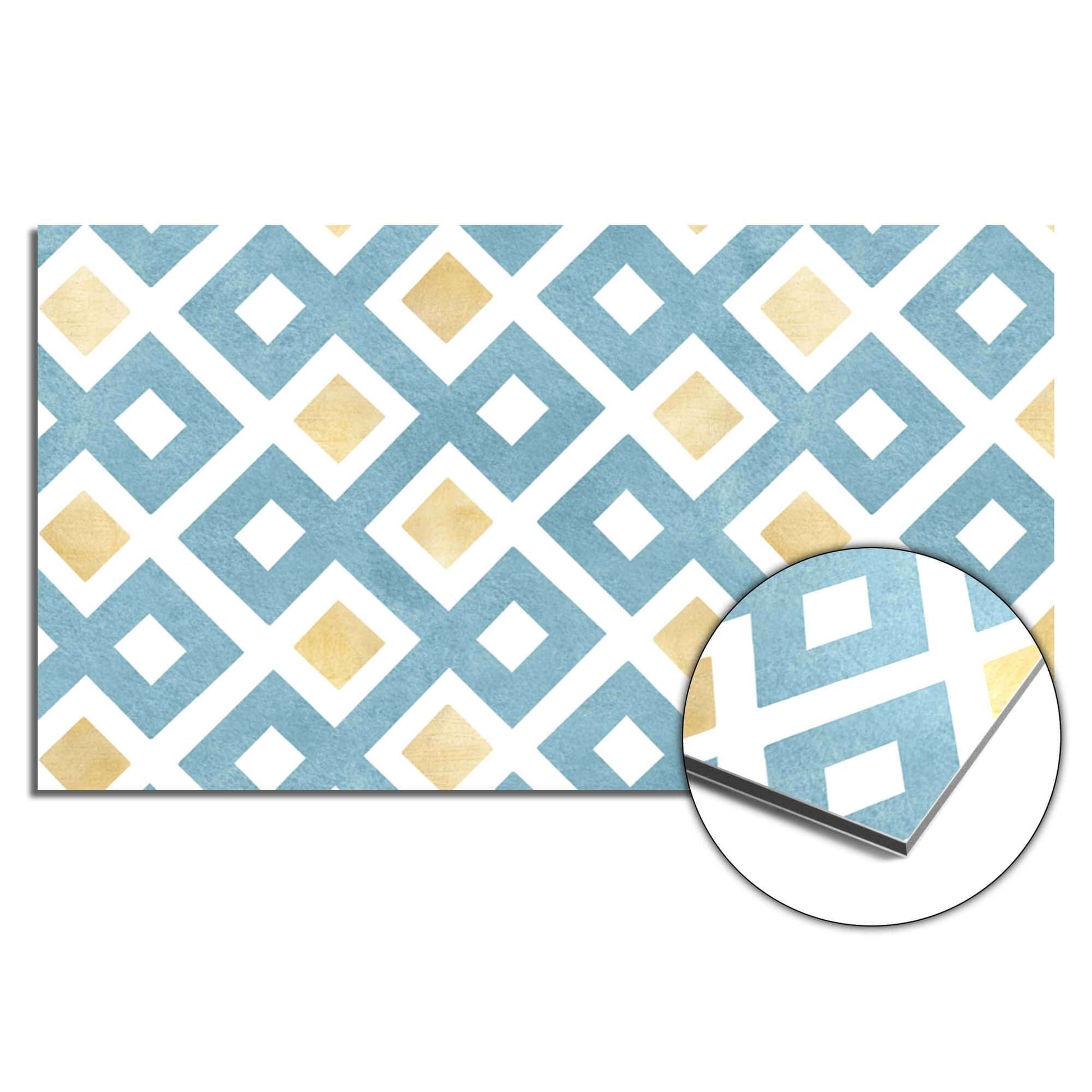 Diamond Wave Blue Spritzwand mit modernem Rautenmuster, ideal als Küchenspritzwand oder Spritzwand in blauem und goldenem Design.