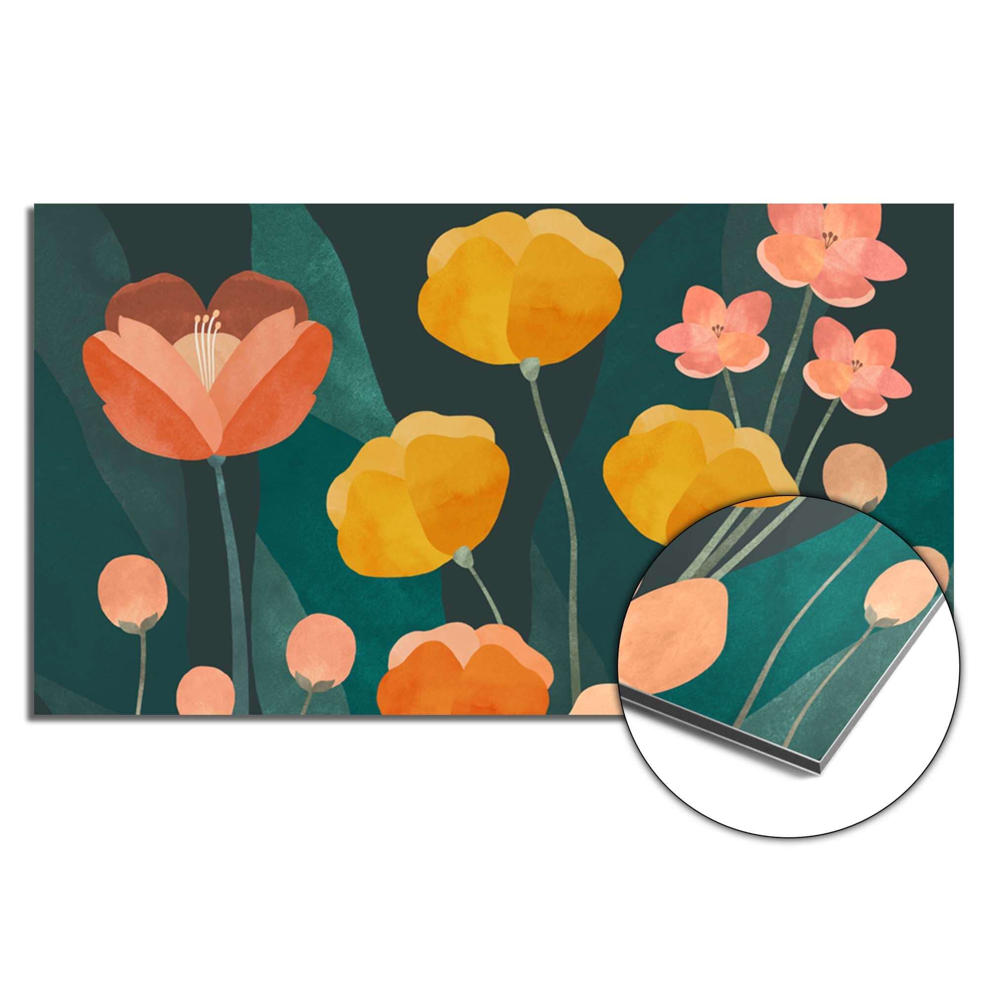 Evening Garden Splash Screen mit Blumen in Orange- und Rosatönen, der perfekte Küchenspritzschutz für eine moderne Spritzwand.