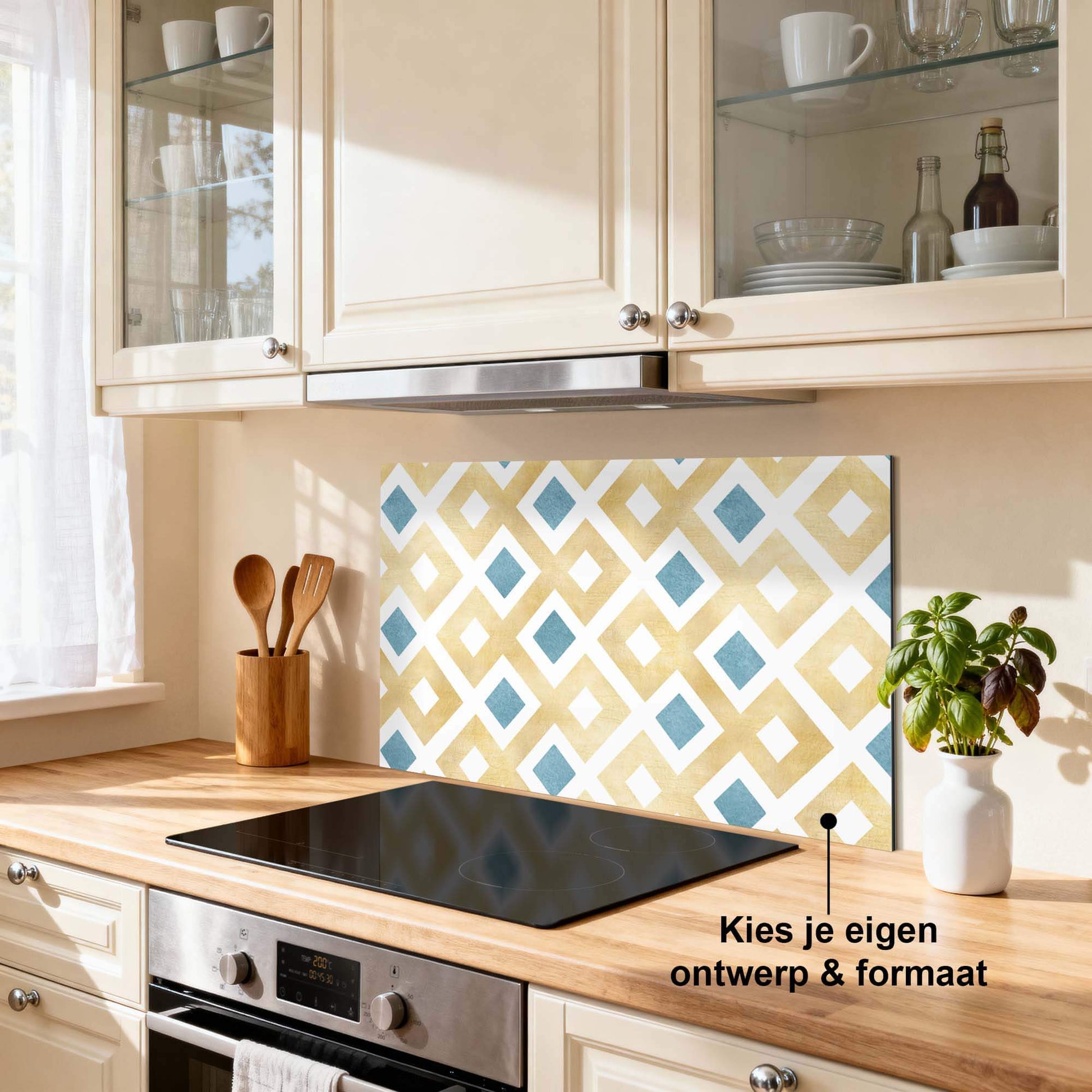 Goldenes Diamantgitter in der Küche mit Goldton und Azurblau, luxuriöses Schutzgitter für die Küche Schutzgitter Upgrade.