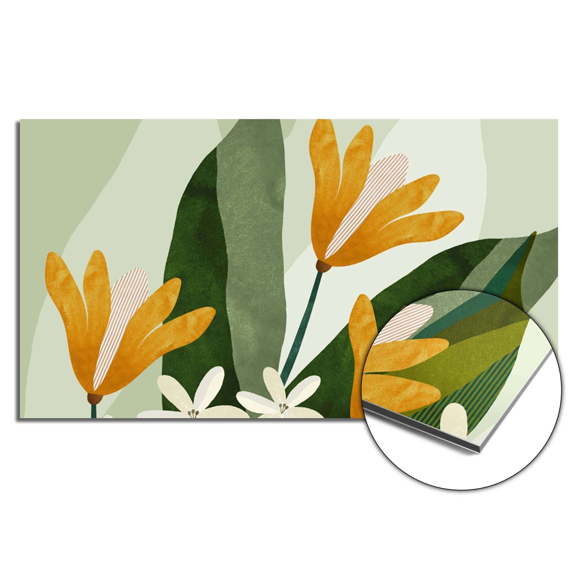 Golden Petals Spritzschutz mit gelben Blumen und grünen Blättern, der perfekte Küchenspritzschutz für einen natürlichen Look. Hitzebeständiger Spritzschutz.