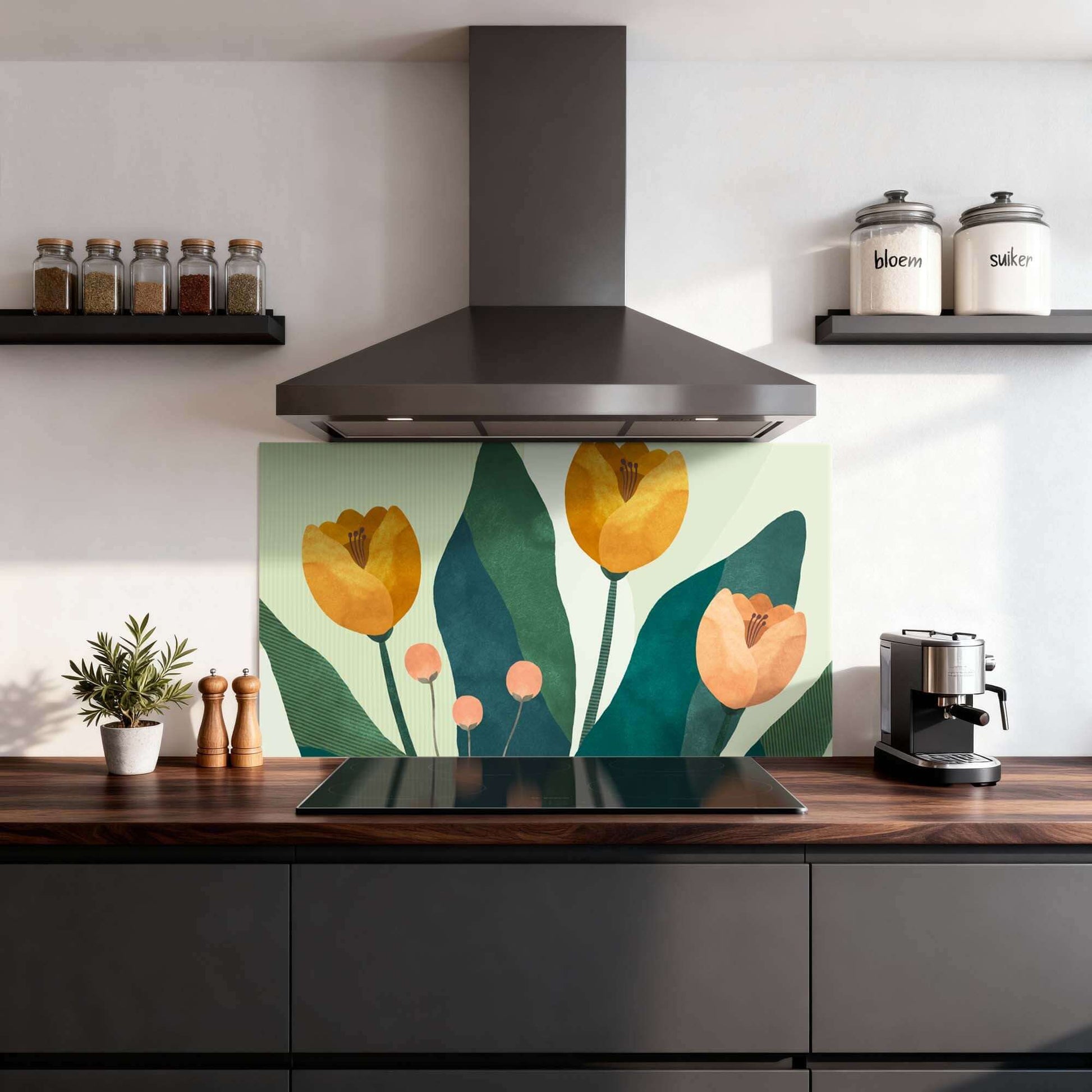 Golden Trio Spritzwand mit botanischem Design in gelben Blumen und Grüntönen, perfekt als Spritzwand in der Küche oder als Spritzschutzwand.