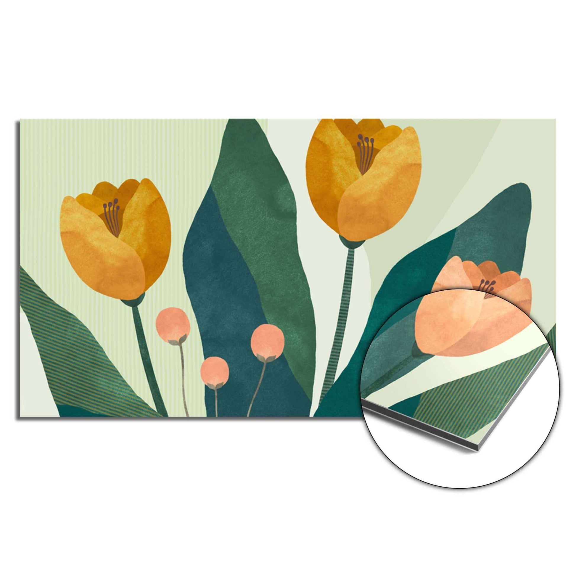 Golden Trio Splash Screen mit botanischem Design, hitzebeständiger und stilvoller Küchenspritzschutz mit gelben Blumen und grünen Blättern.