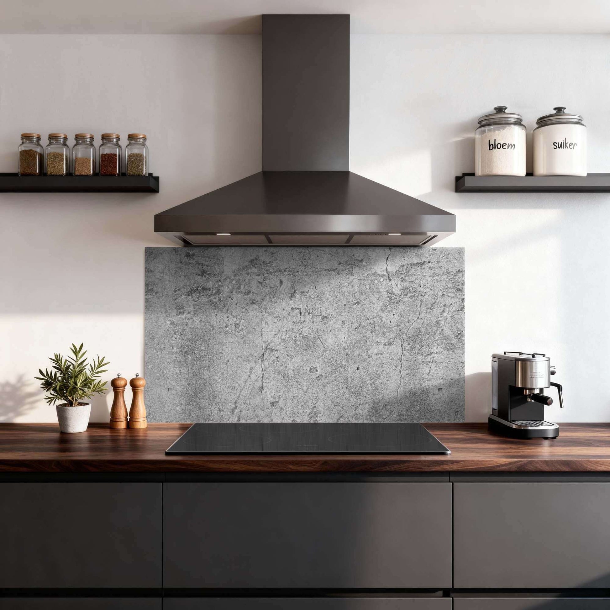 Industrielle rohe Spritzwand in der modernen Küche, robuste Spritzwand aus Aluminium Dibond, kratzfest und hitzebeständig, stilvoll und funktionell.