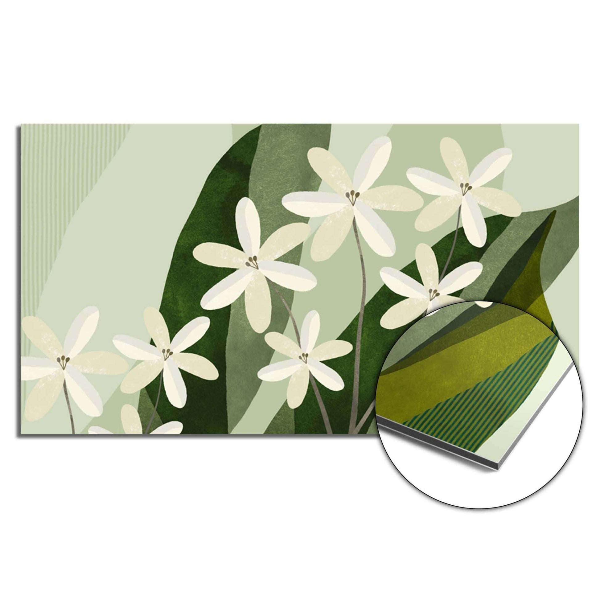 Elfenbeinfarbener Cluster-Spritzschutz mit botanischem Design und elfenbeinfarbenen weißen Blumen, ideal als Küchenspritzschutz und Spritzschutzwand, hitzebeständig und langlebig.