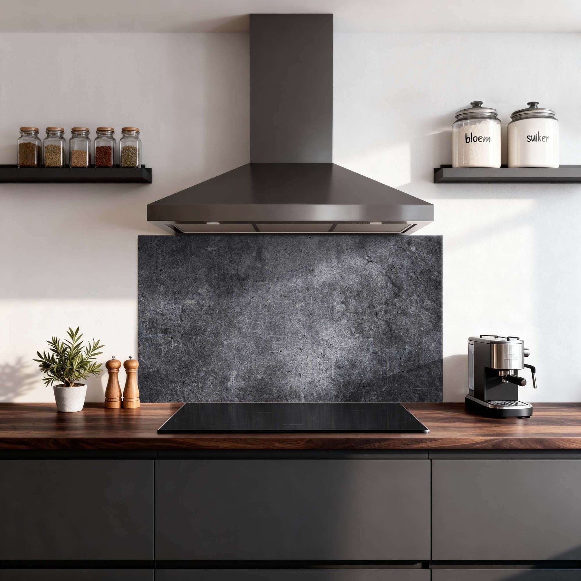 Midnight Concrete Splashback in einer modernen Küche mit schwarzen und hölzernen Elementen, haltbare und stilvolle Küchenrückwand.