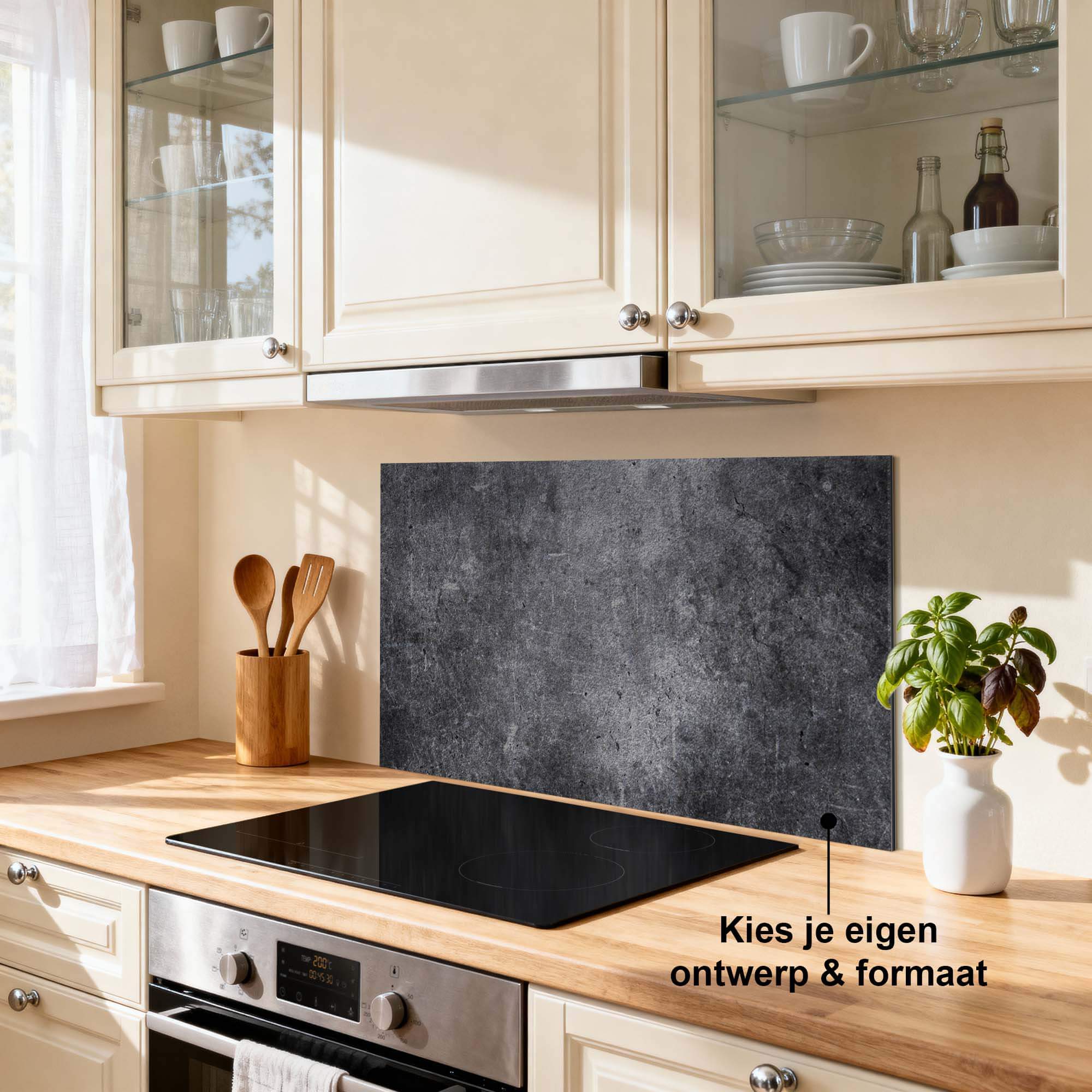 Midnight Concrete Spritzschutz in der Küche, langlebiger Spritzschutz aus Aluminium Dibond, kratzfest und hitzebeständig, stilvoller Spritzschutz für die Küche.