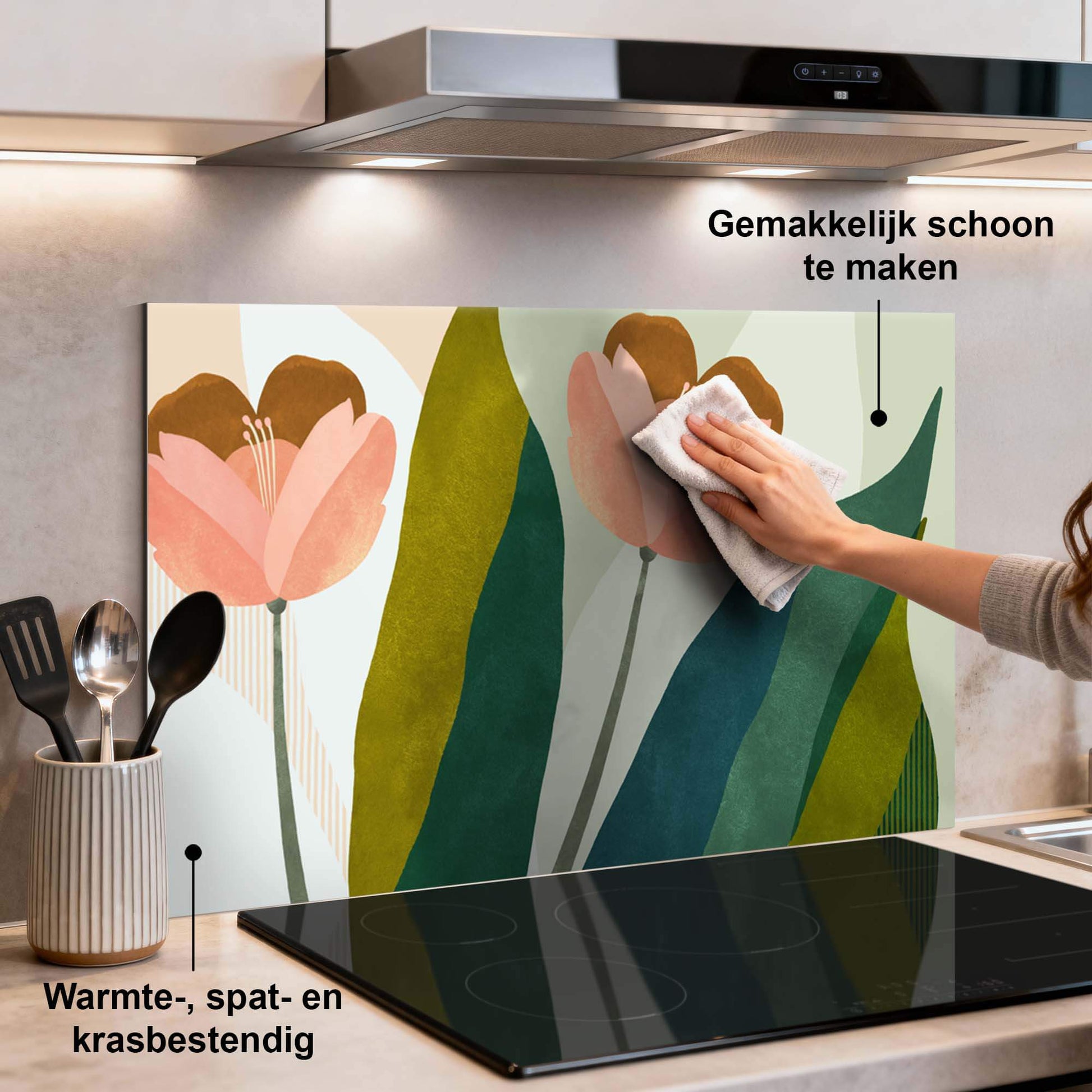 Peach Blooms Kitchen Splash Screen mit botanischem Design, langlebig und hitzebeständig. Ideal als Spritzschutz für die Küche oder als Spritzschutzwand.