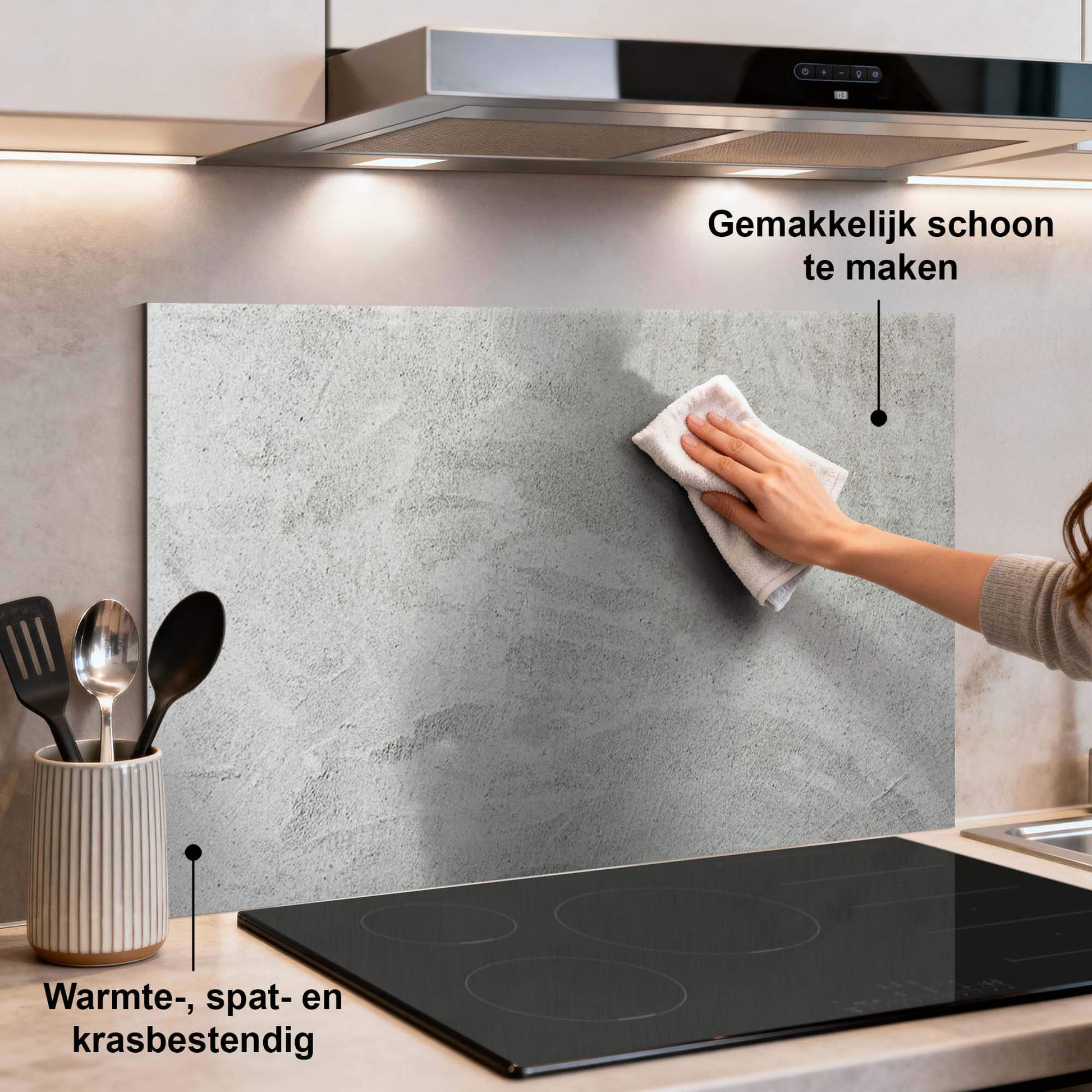Soft Concrete Finish Spritzschutz in der Küche, Spritzschutz aus kratzfestem Aluminium Dibond, leicht zu reinigen, hitzebeständiges Design.