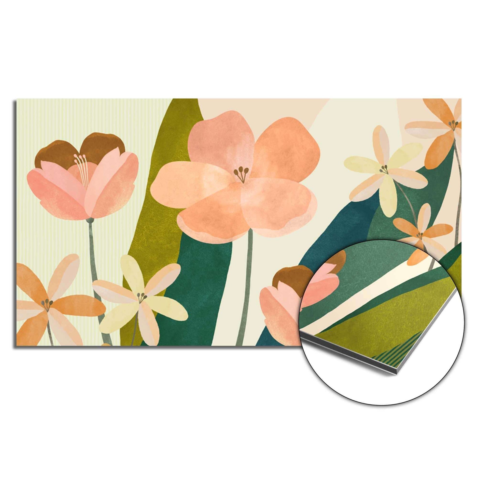 Soft Petals Spritzschutz mit pfirsichfarbenen Blumen, moderner Küchenspritzschutz und Spritzwanddesign mit grünen Akzenten.