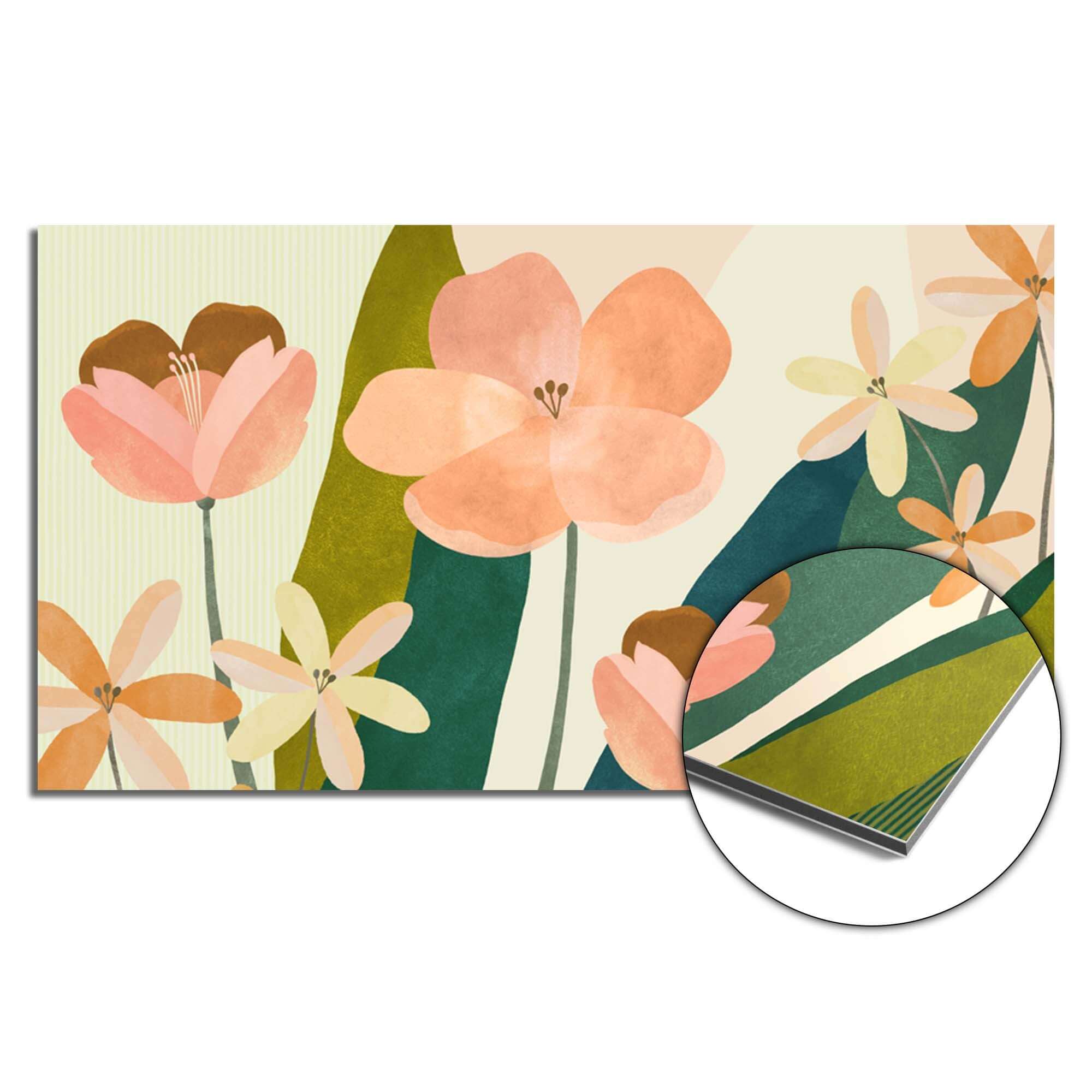 Soft Petals Spritzschutz mit pfirsichfarbenen Blumen, moderner Küchenspritzschutz und Spritzwanddesign mit grünen Akzenten.