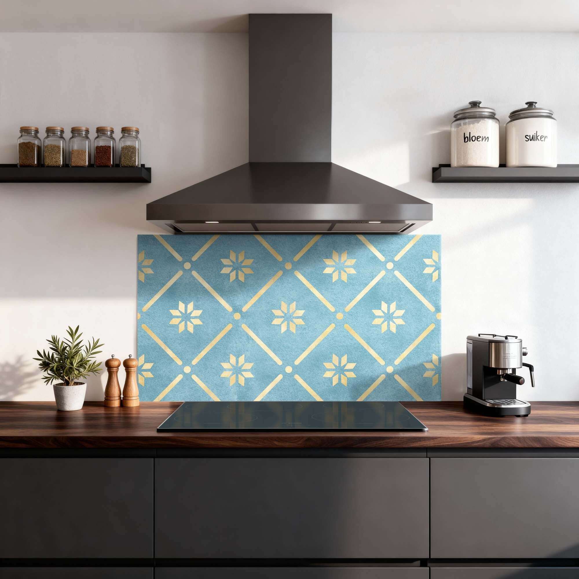 Starline Blue Tile Splashback in einer modernen Küche mit blauem Keramikeffekt und goldenen Akzenten, ideal als hitzebeständige Spritzschutzwand.