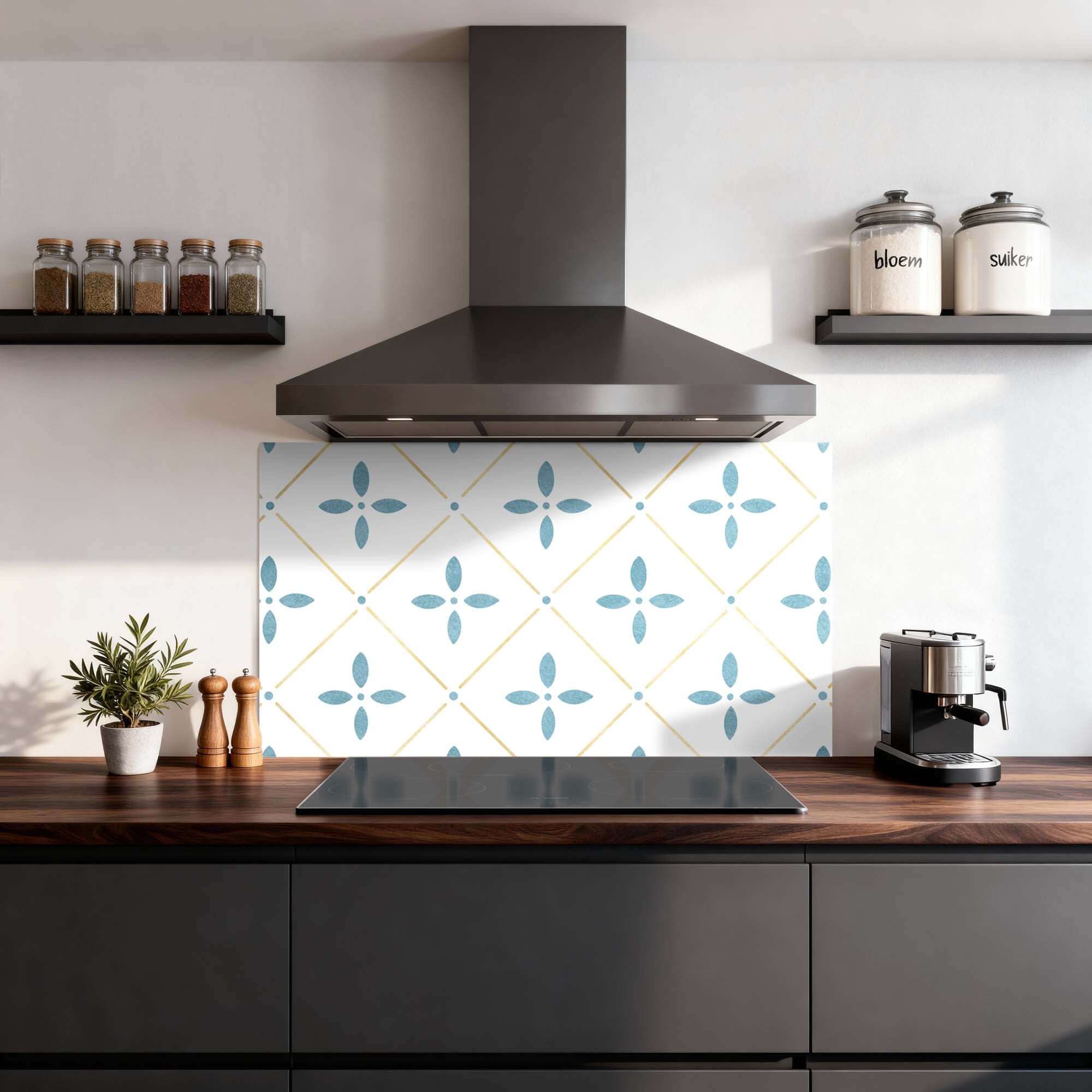 Starline White Tile splashback, mediterrane Küchenrückwand, weiß-blau-gold gemusterte Rückwand aus langlebigem Aluminium-Dibond-Material