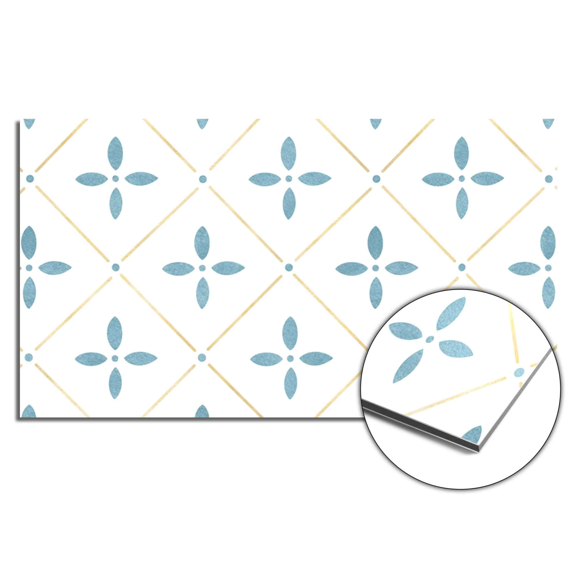 Starline White Tile Splash Screen mit weiß-blau-goldenem Muster für den Schutz der Küche, beinhaltet Splash Wall und Kitchen Splash Screen.