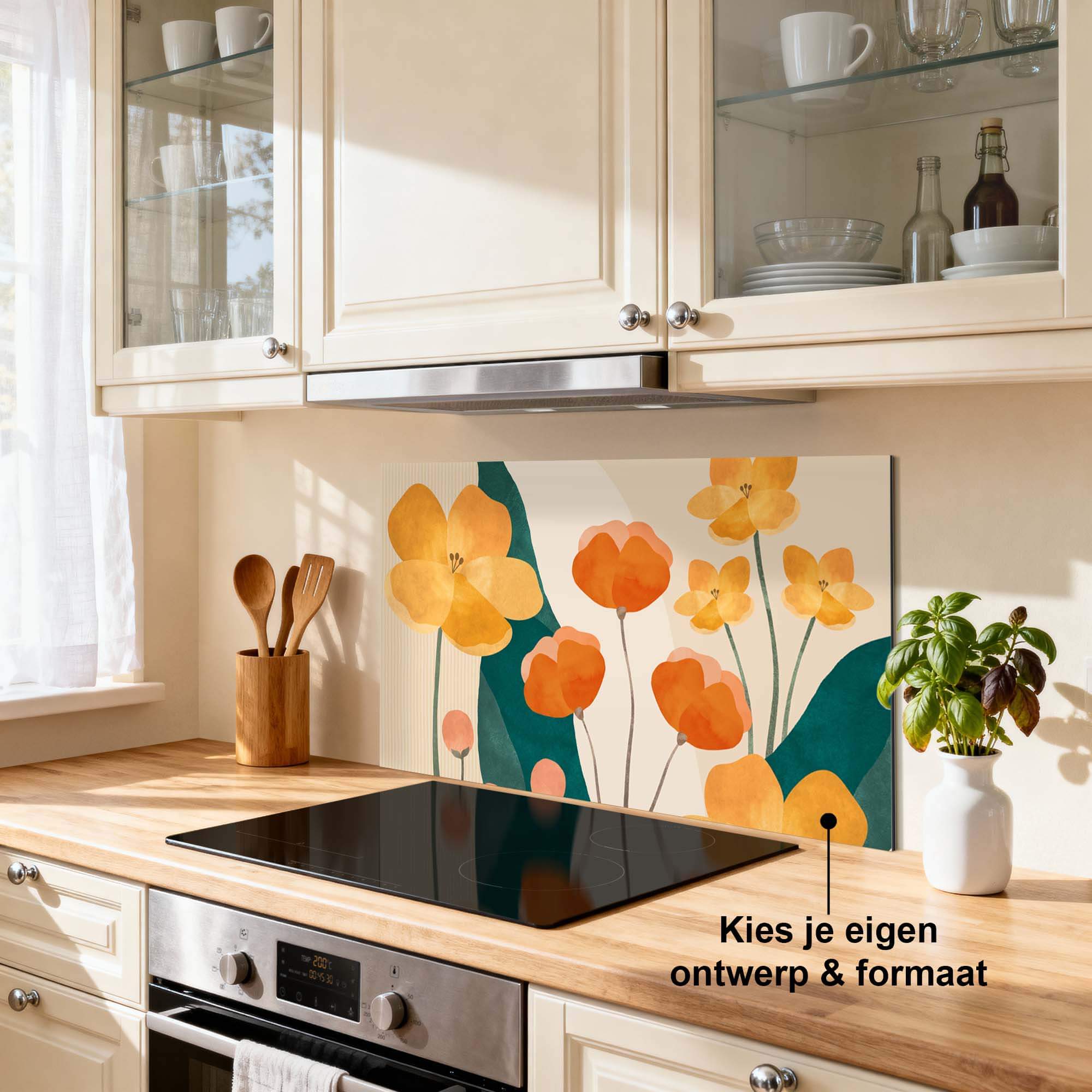 Sunny Field Splashback mit botanischem Design für eine moderne Küche, hitzebeständige und langlebige Spritzwand mit gelben und orangefarbenen Blumen.