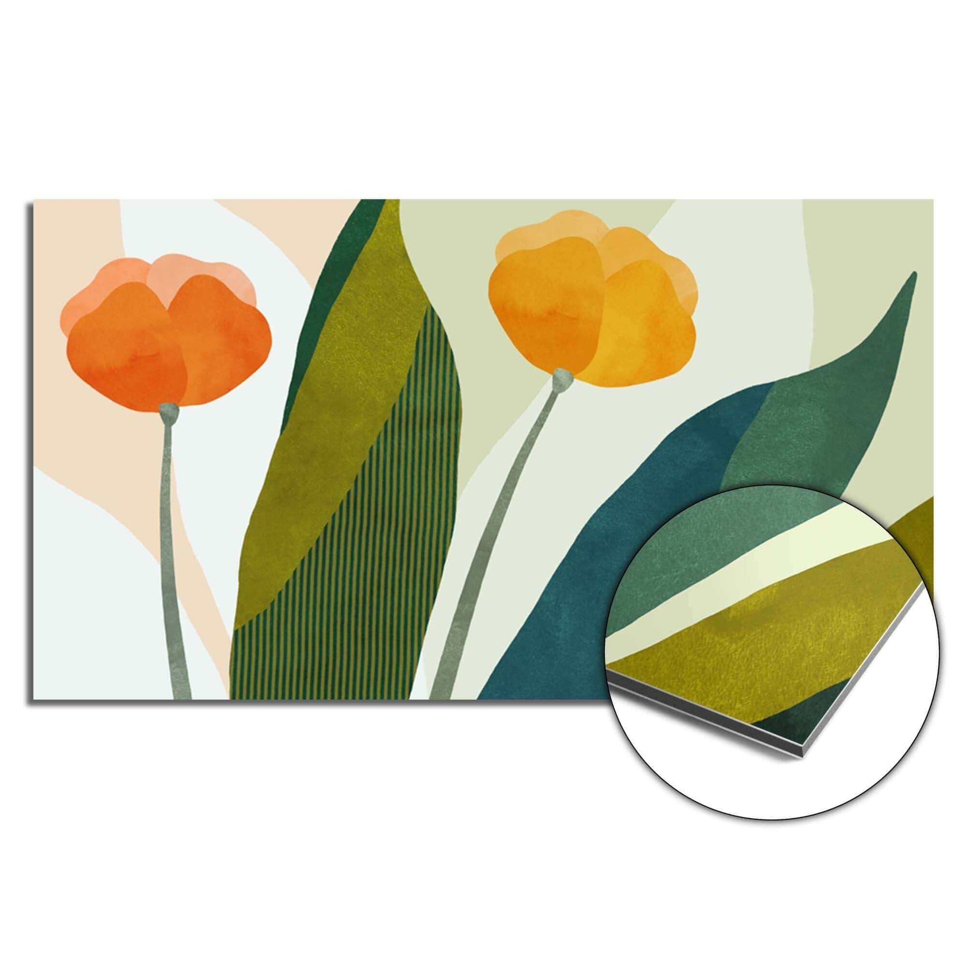 Sunset Blooms Spritzschutz, Küchenspritzschutz mit gelb-orangem Blumendesign, hitzebeständiger Spritzschutz für eine warme Atmosphäre.