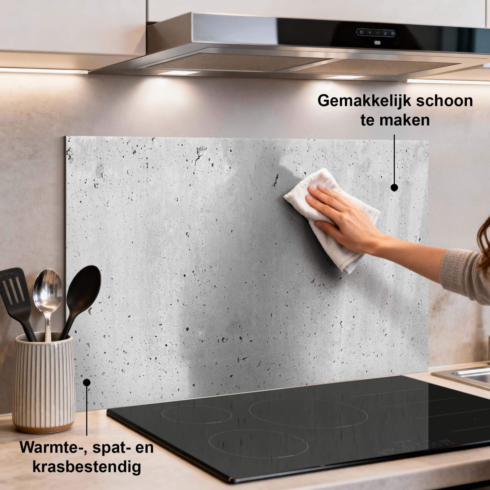 Urban Cement Splashback Installation in der modernen Küche, langlebige und kratzfeste Küchenrückwand, leicht zu reinigen.