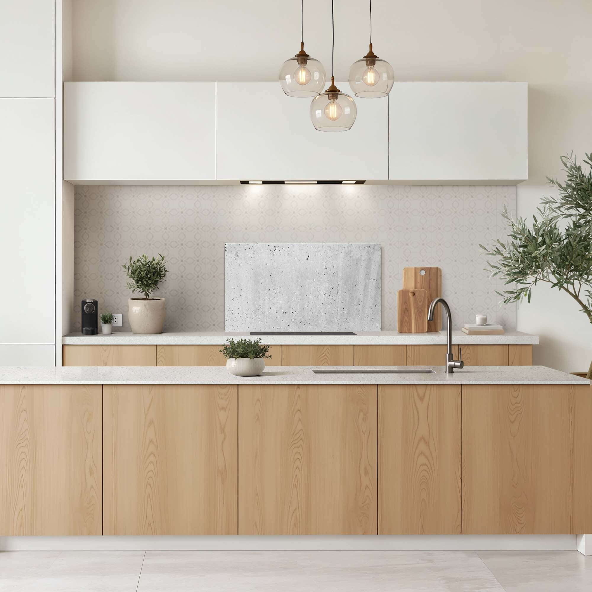 Urban Cement Splashback in einer modernen Küche mit Holzschränken und weißen Pendelleuchten, perfekt als kratzfeste und hitzebeständige Spritzschutzwand.