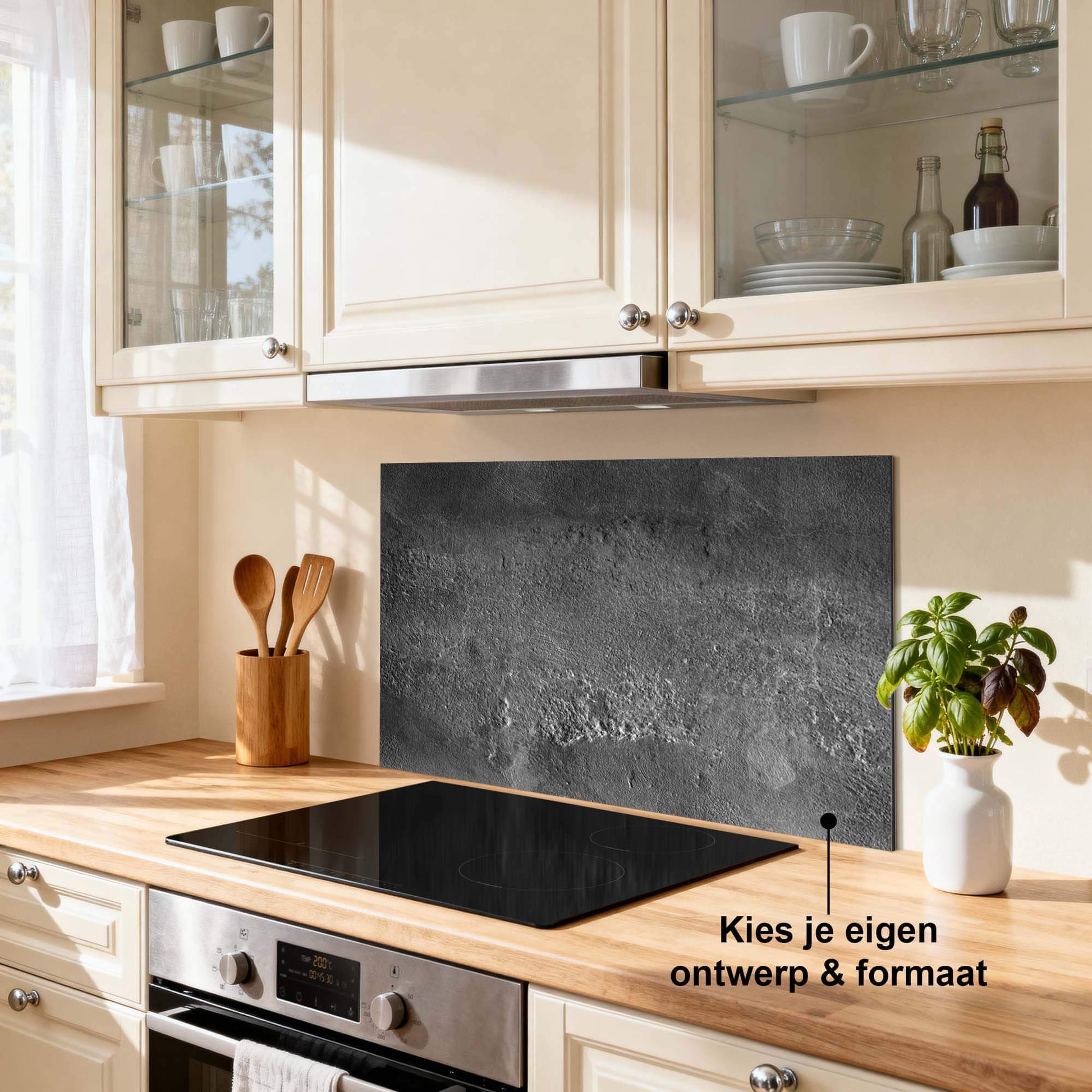 Urban Stone Elegance Splashback in einer modernen Küche, kratzfest und hitzebeständig, ideal als Küchensplashback oder Spritzschutz.