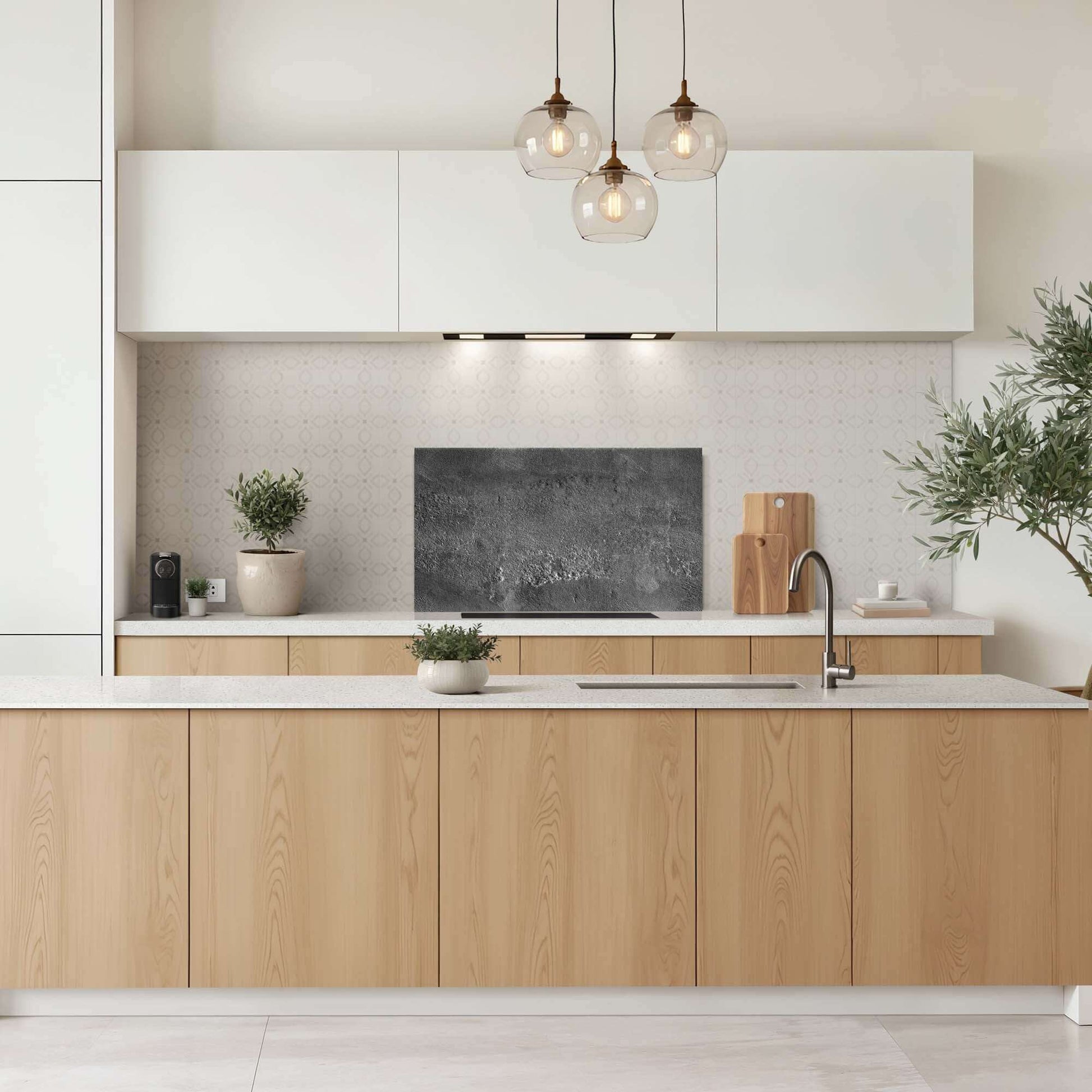 Urban Stone Elegance Splashback in der modernen Küche, stilvolle Küchenrückwand und Spritzschutz aus kratzfestem Aluminium Dibond.