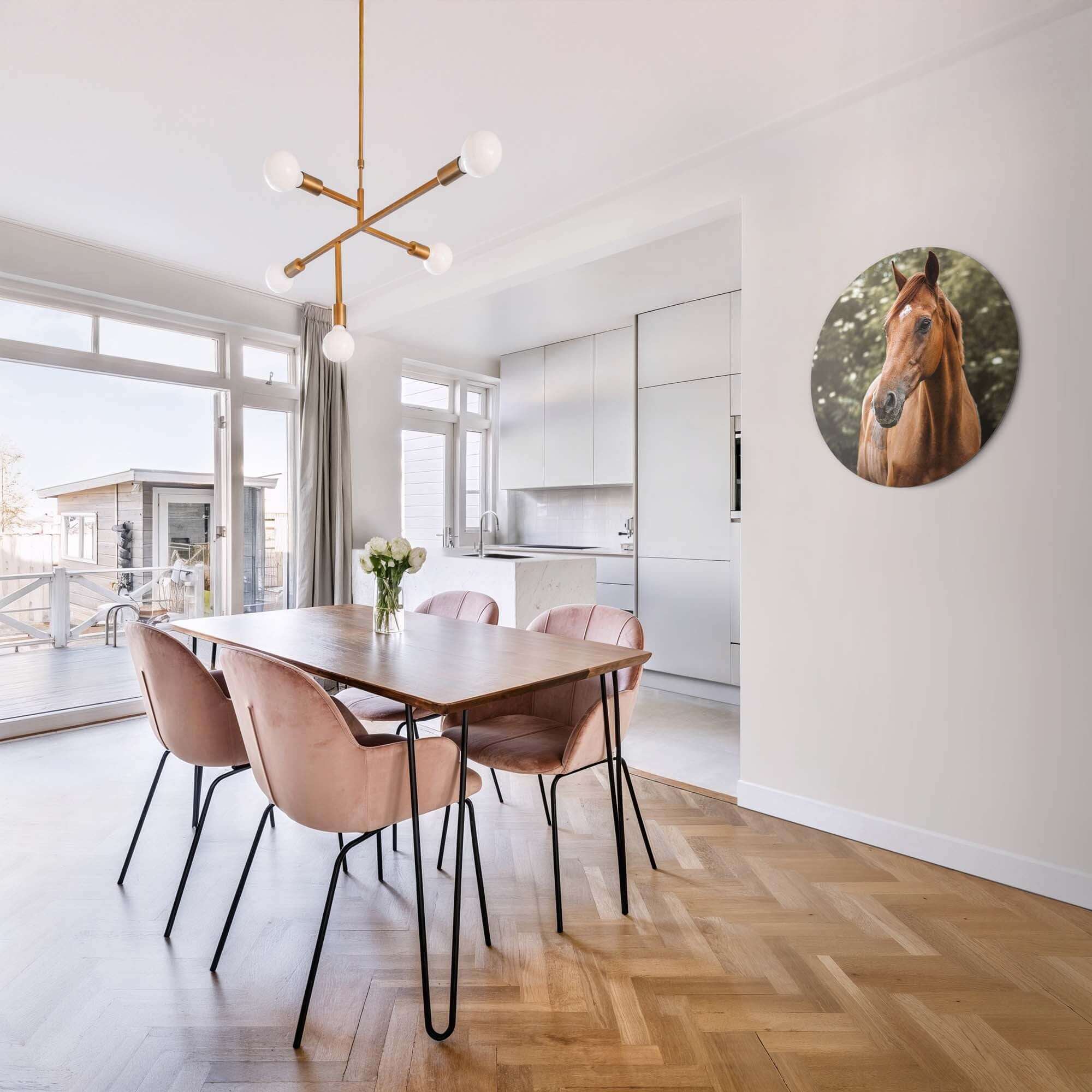 Amber Pride - Wandbild in einer modernen Küche, der ein kräftiges Pferd im warmen Tageslicht zeigt.