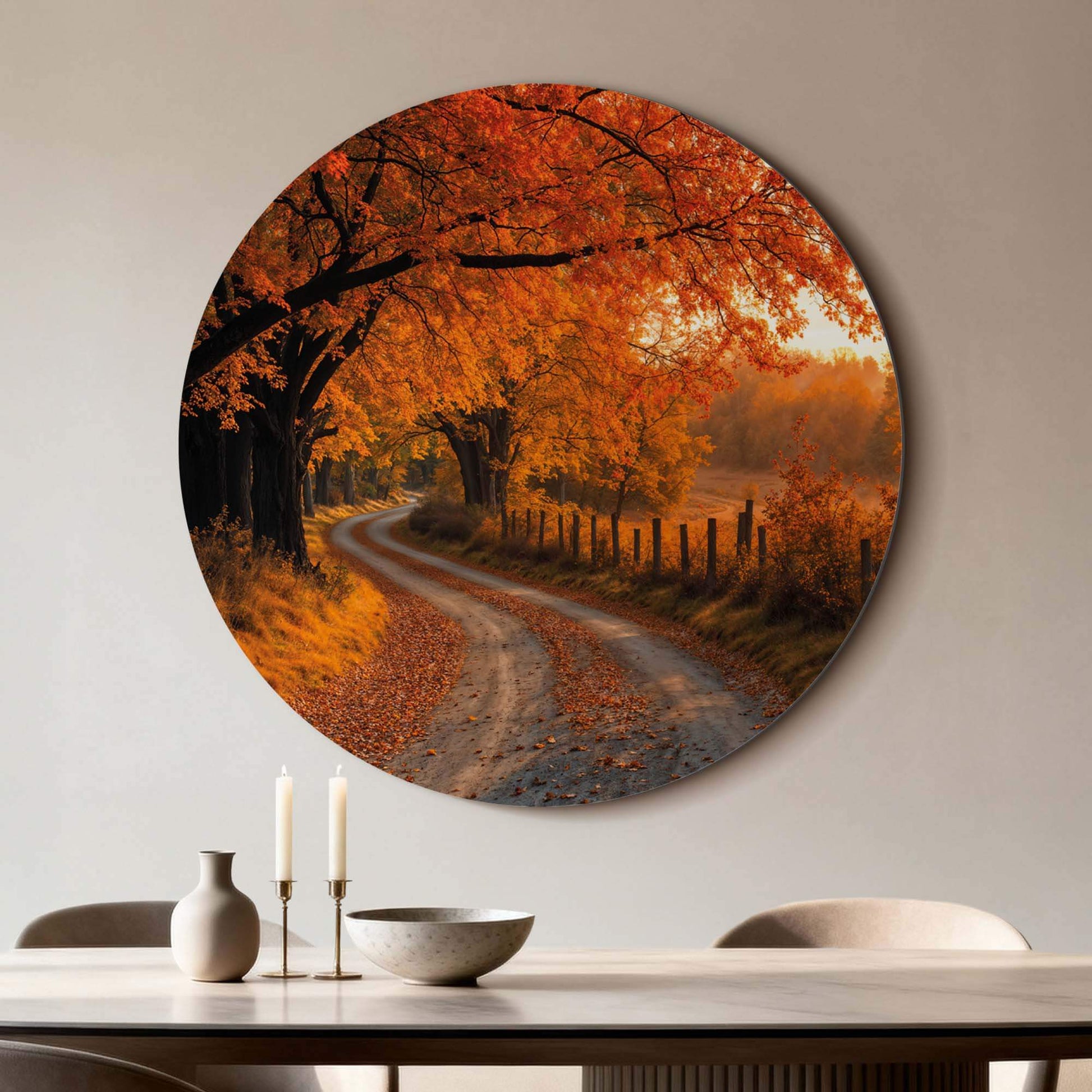 Autumn Curve - Wandbild warmer Herbstspaziergang mit fallenden Blättern und goldenem Licht, ideal für Küche oder Esszimmer, Wandbilder Dekor.