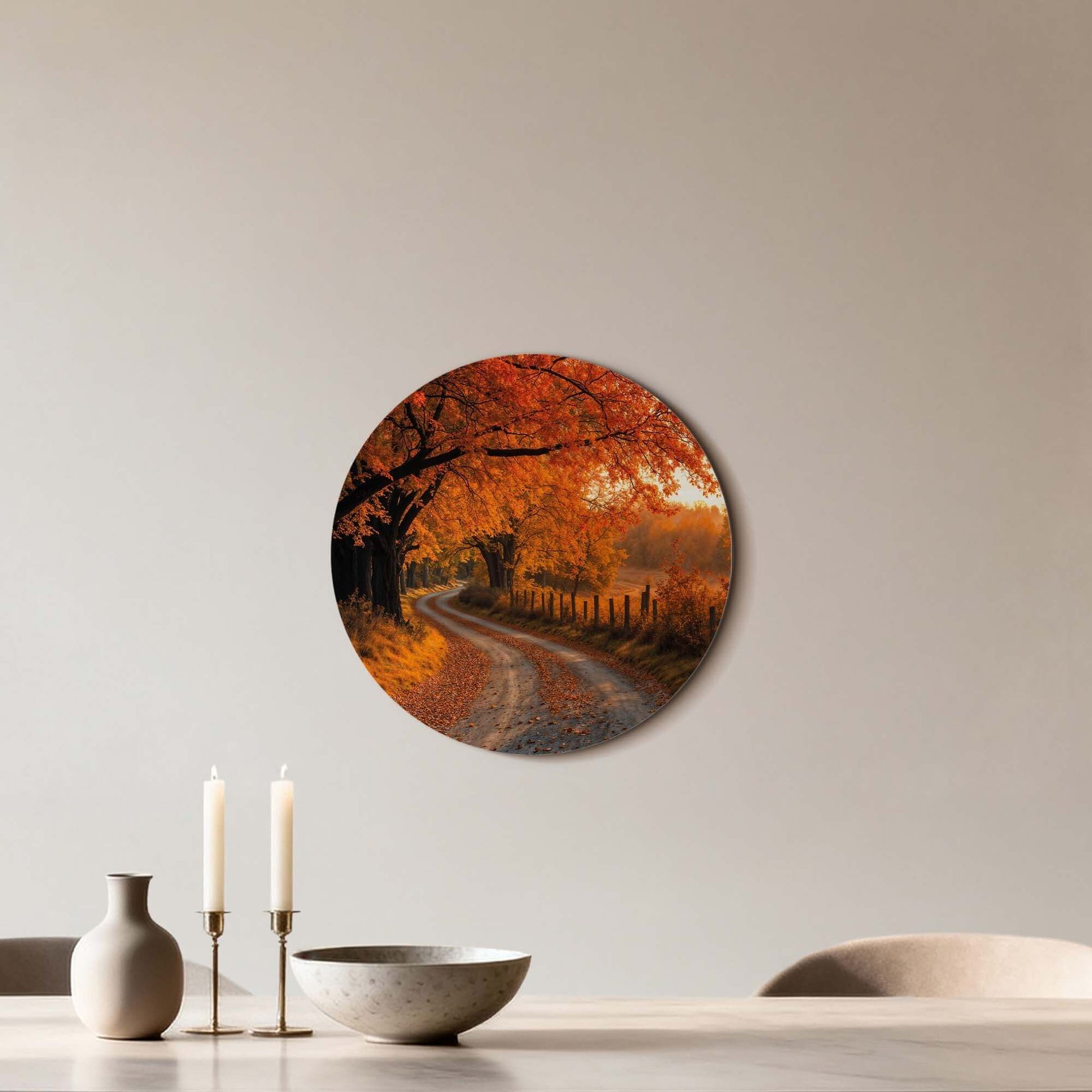 Autumn Curve - Wandbild: Gelassener Herbstspaziergang Wanddekoration mit goldenem Licht, perfekt für Küche und Wohnzimmer Wandbild.